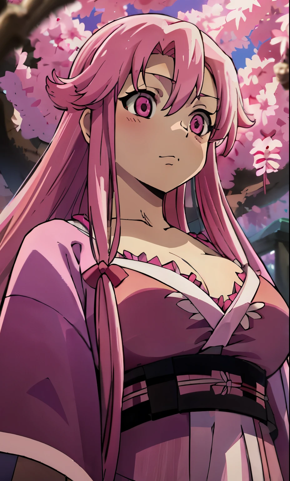a woman with long pink hair masterpiece, (pink kimono), , seductive face, good lighting, décolleté, huge breasts, small details, masterpiece, glowing eyes, 1girl, pink hair, gag, bamboo, Nezuko Kamado, wisteria background, masterpiece, best quality, POV, whole body, wide hips,
