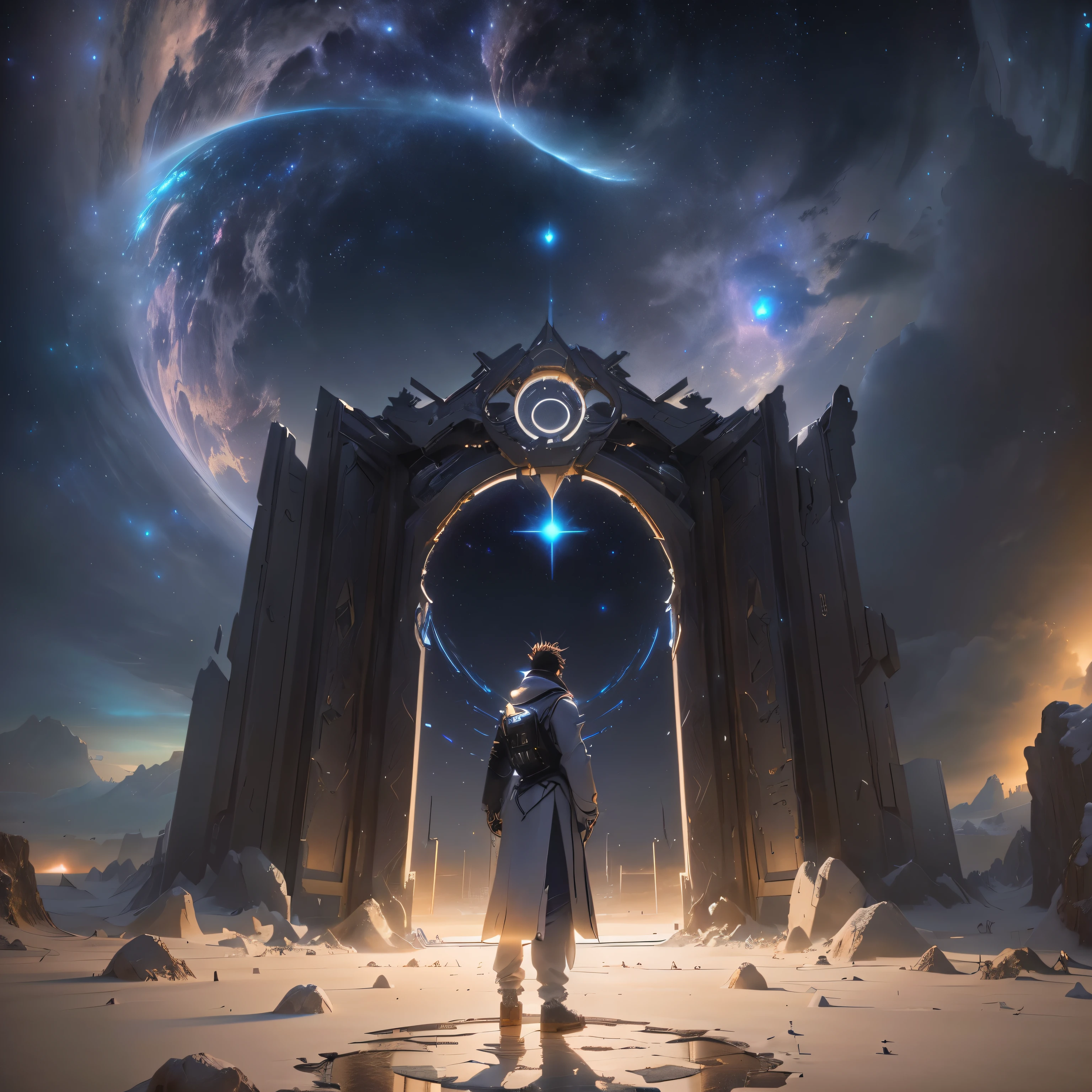 A man stands in front of the door，Anime scene with a star in the sky, gateway to another universe, portal to another dimension, Magic portal in the sky, portal to another world, artgem and beeple masterpiece, Unreal Engine Fantasy Art, surreal concept art, Gate of Heaven, 4k highly detailed digital art, The soul comes out of the portal