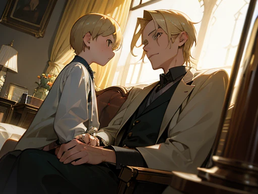 Father and son, blond hair, gray eyes, seated, warm atmosphere, portrait, Ingenious angle