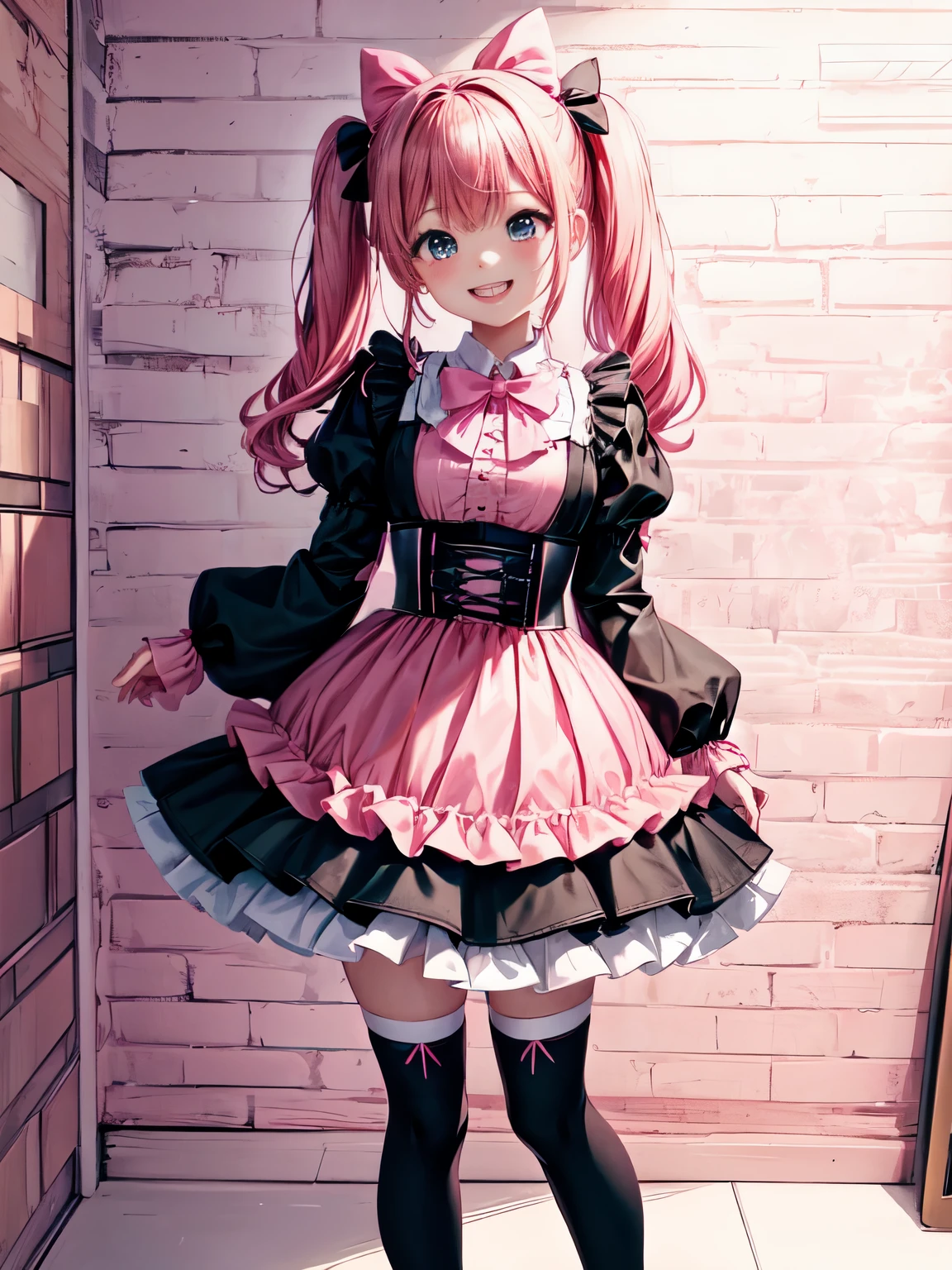 VTuber, japanese Cute Girl wearing a pink and black dress with a corset-like top and a skirt with pink bows, standing in front of a white brick wall with a white chair and a pink teapot in the background, wearing black platform boots with pink laces, .chandelier,grin,smile