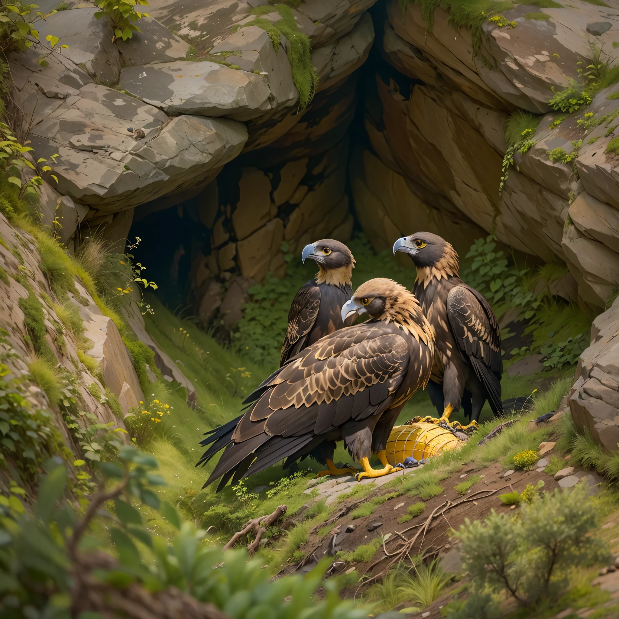 Hay woven nests located on steep cliff faces, Golden eagle cubs in the nest，Ultra-detailed，lifelike：1.37，Bright colors，soft light