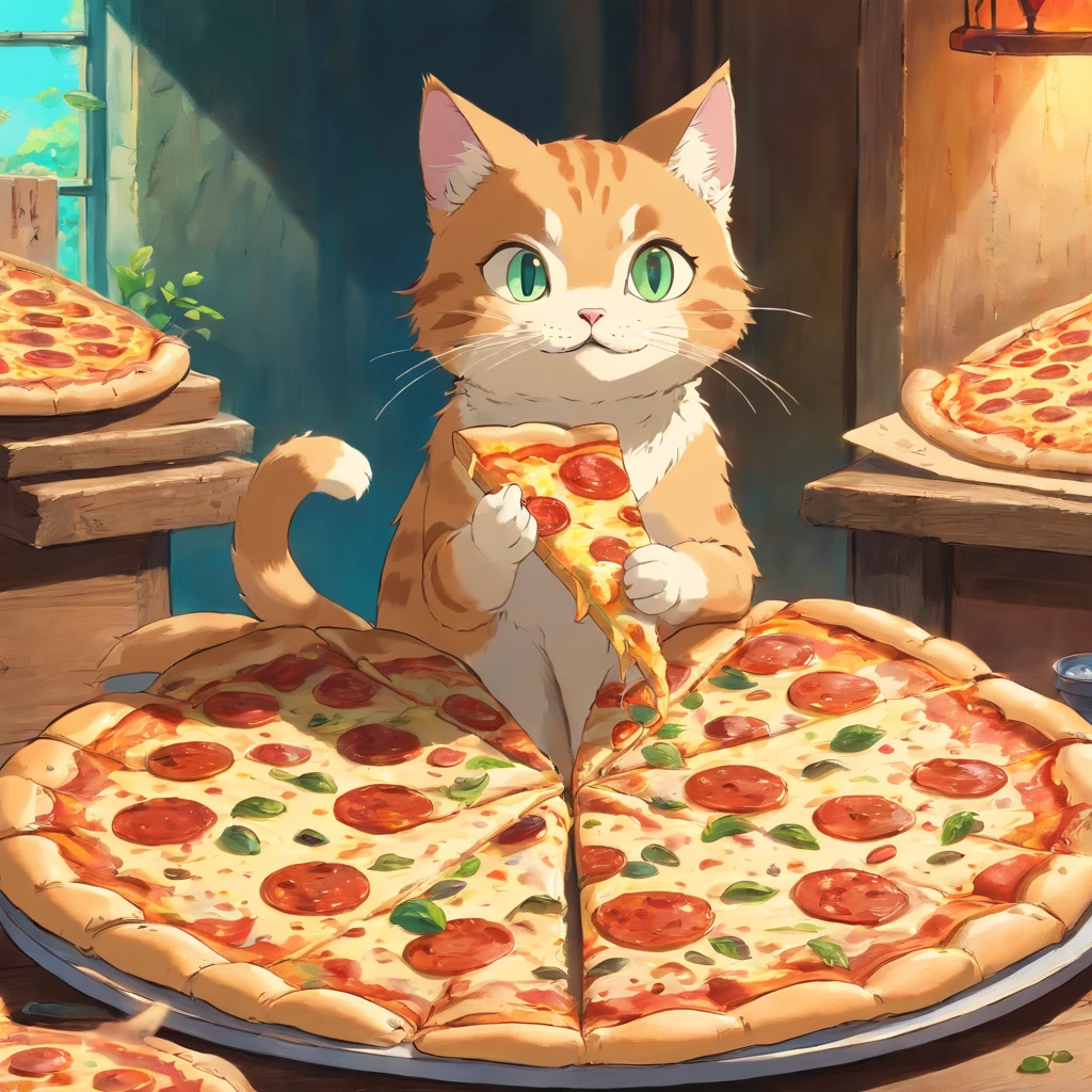 Cat holding and eating pizza、