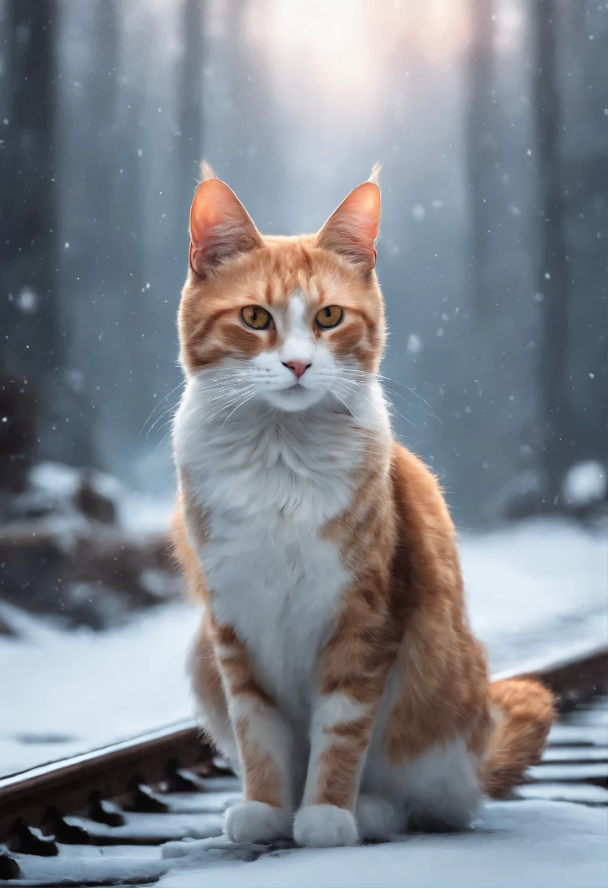 During a snow storm in winter, a red and white cat sits on the railroad tracks and looks at the camera with horror and condemnation., fantasy matte painting,Cute, The train is far away, Detailed 4K digital art, Highly detailed 4K digital art, realistic 4K digital art, realistic 4K digital art, 4k art, Alexander Kucharsky, Ghibli Tom Bagshaw, adventure hyper realistic render, Cover of the novel for the book