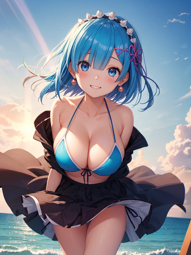 disorganized, Super detailed, masterpiece, highest quality, official art, (beautiful and aesthetic), devilish beautiful girl, (((2 beautiful girls)), (cute),Rem(Re:zero) , colorful hair, Split color hair, splash, (blue hair),short hair, sexy random hair, (Variegated eyes), (((Variegated eyesの色))), (upward facing eyes, smile), (Barrette), earrings, Variety of hairstyles, (Cute string bikini, Skirt Bikini), (thighs), (E cup, cleavage), (chest focus), ( best smile), open your mouth (big breasts), round eyes, (blowing in the Wind), 突Wind (Wind),さわやかなWind, motion blur effect, Wind ,background (beach), (stand in the center of the screen), outdoor, Wind , sunlight, spectacular scenery, particles of light, dynamic angle, dutch angle, perspective, (daytime, Sun rays), Depth of bounds written, Bokeh, Light leakage, (chromatic aberration), photograph,