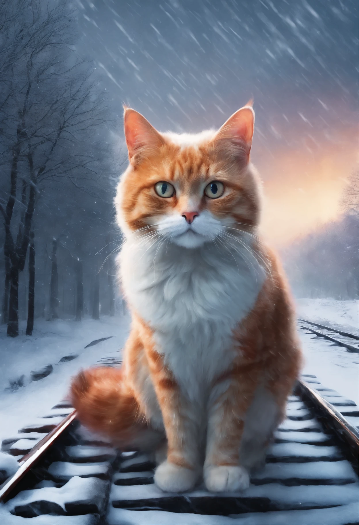During a snow storm in winter, a red and white cat sits on the railroad tracks and looks at the camera with horror and condemnation., fantasy matte painting,Cute, The train is far away, Detailed 4K digital art, Highly detailed 4K digital art, realistic 4K digital art, realistic 4K digital art, 4k art, Alexander Kucharsky, Ghibli Tom Bagshaw, adventure hyper realistic render, Cover of the novel for the book