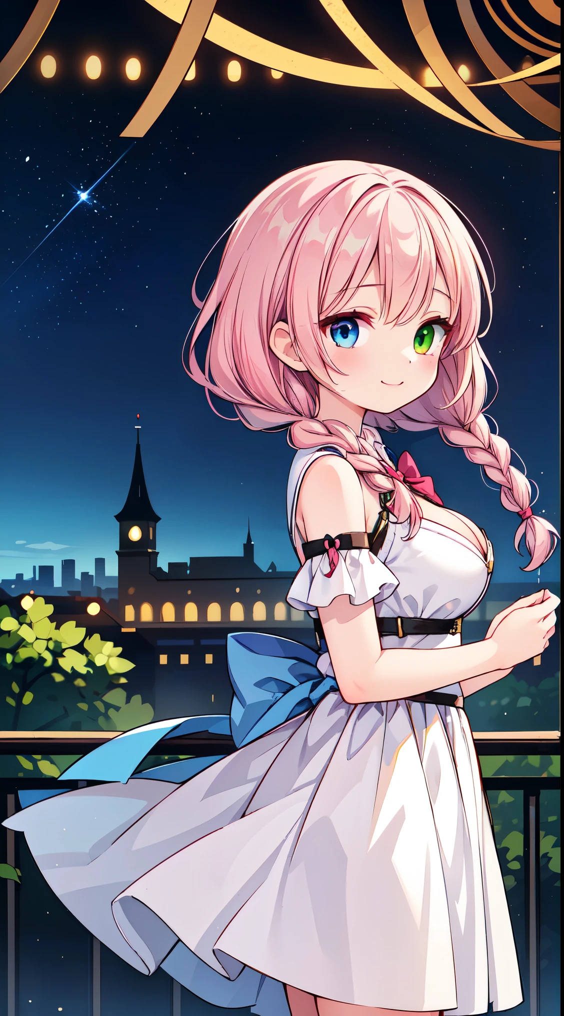 (super fine illustration:1.2),(masterpiece, 8k), (best quality, high quality:1.4), perfect anatomy, hyper detailed, ultra detailed,masterpiece background,beautiful detailed background, v8k wallpaper,perfect design,award-winning art,atmospheric,
BREAK, one beautiful girl, (17 year old girl),alone,(kawaii:1.5),(Chibi:0.6),(cute:1.5),(:1.5),break,(17 year old girl), one beautiful girl,very detailed,Colorful,best details,transparent skin,Shining beautiful skin,shy,very detailed,Colorful,best details,BREAK,transparent skin,Shining beautiful skin,shy skin,break,(heterochromia,blue eyes,green eyes, eye highlights,first ultrafine star:1.45),star eye silhouette ,BREAK,(pink hair, semi-long hair, bow:1.4),(twin braids,slightly curly hair,princess cut, crossed bangs:1.3),(big breasts,beautiful breasts:1.5),(long eyelashes, double eyelid:1.2),alone,glowing skin, transparent skin, Shining beautiful skin,(highest quality face),(highest quality bright eyes),(light smile:1.45),
BREAK
The goddess of roses relaxing with a bow in the garden full of blooming flowers, plants,water,flower,bird,bird cage,starry sky,ivy,lot of jewel,multiple jewel,
BREAK,wakame,wakame,wakame,(cowboy shot,from side:1.5) ,
BREAK,(Blurry background:1.3),(absurderes, hight resolution, Super Detail Art),cel shading,Clear Color, Lonely optical effect, Beautiful pictures, Bright glow, mystic atmosphere,(Close-up of girl:1.1), Mystical light particle effect,manga influence, clean line drawings,