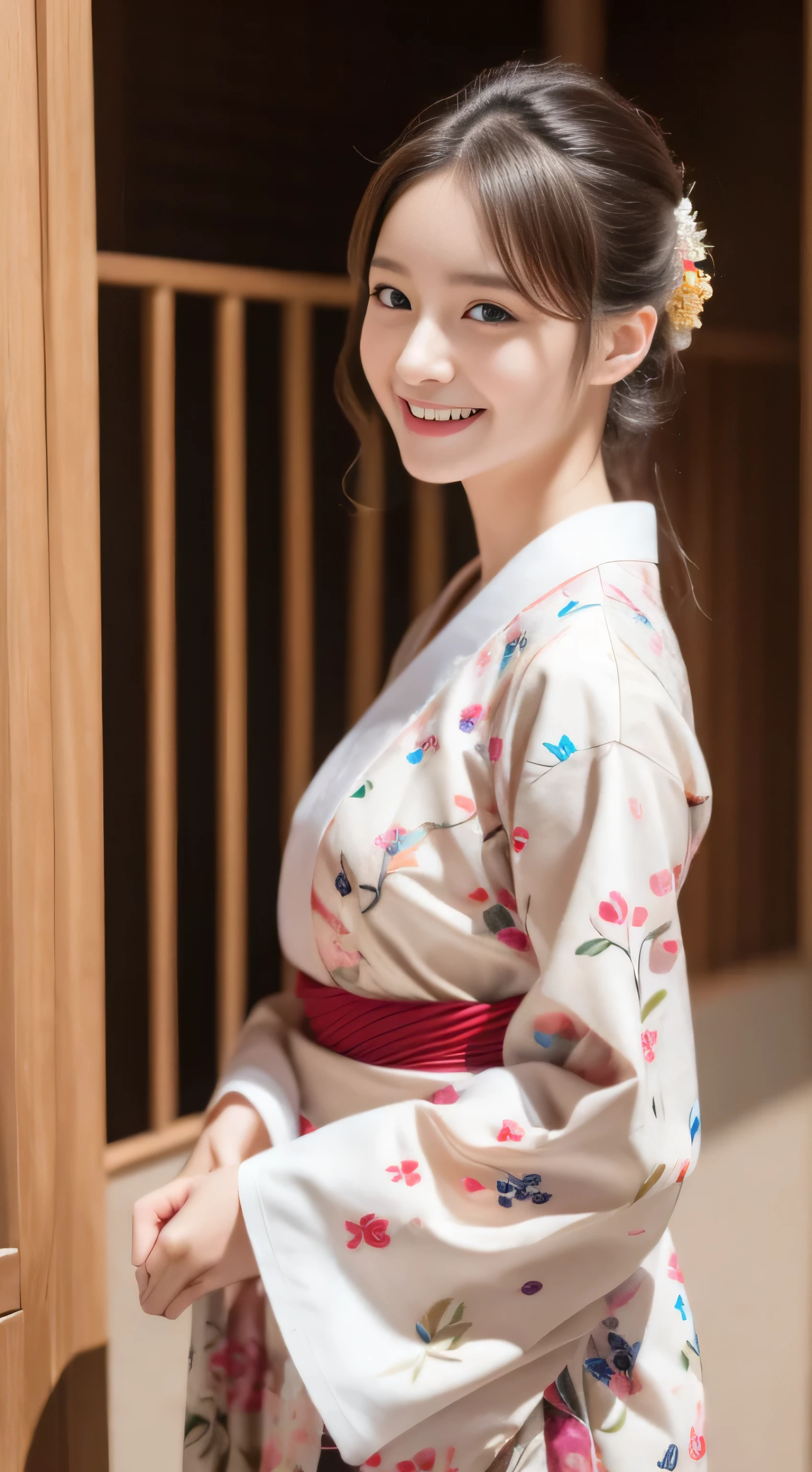 22 years old female、Furisode、flashy pattern、Cafe、laughter、Beautiful woman、((highest quality、8K、masterpiece：1.3))、sharp focus：1.2、super high quality、highest quality、masterpiece、natural soft light、Upper body
