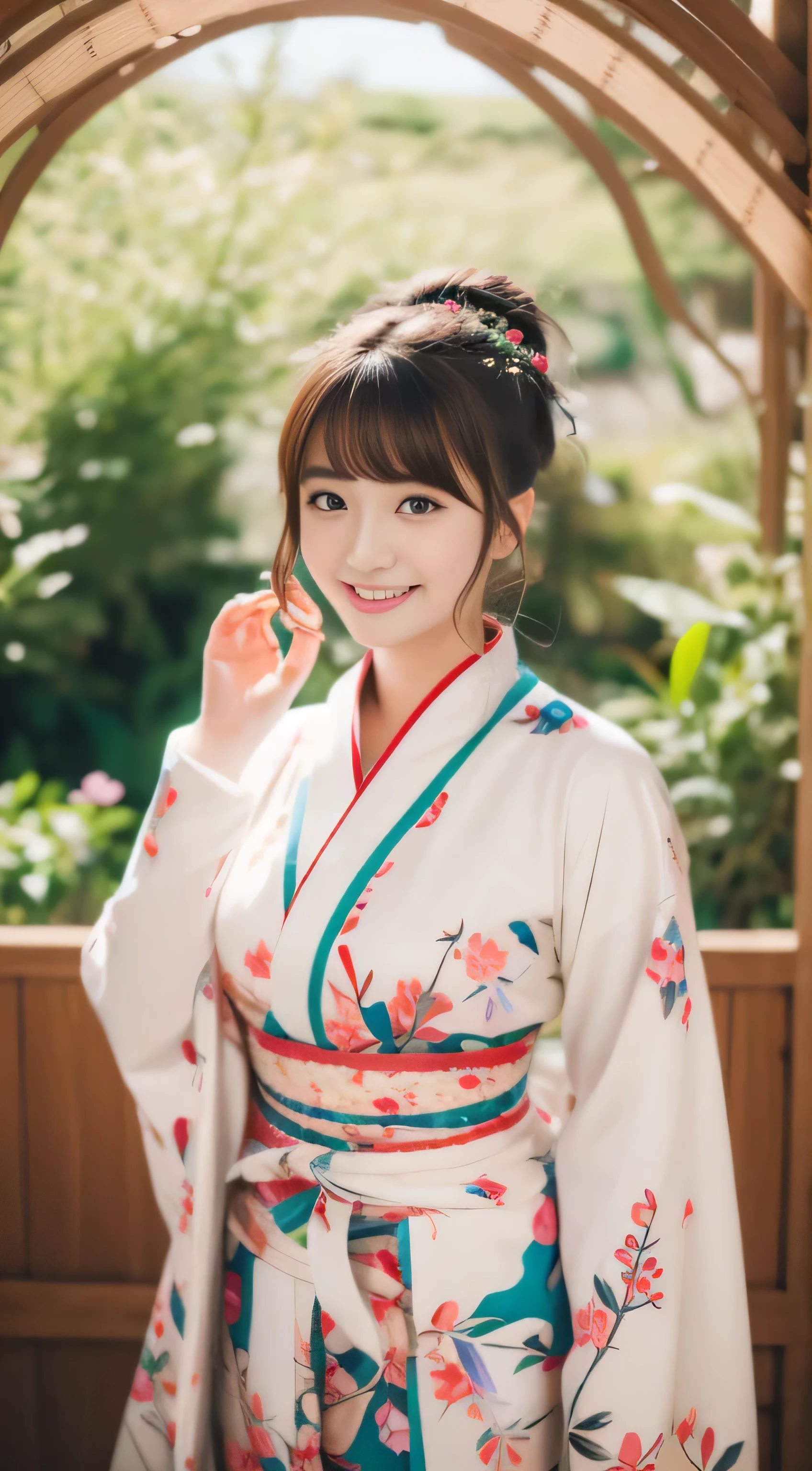 22 years old female、Furisode、flashy pattern、Cafe、laughter、Beautiful woman、((highest quality、8K、masterpiece：1.3))、sharp focus：1.2、super high quality、highest quality、masterpiece、natural soft light、Upper body