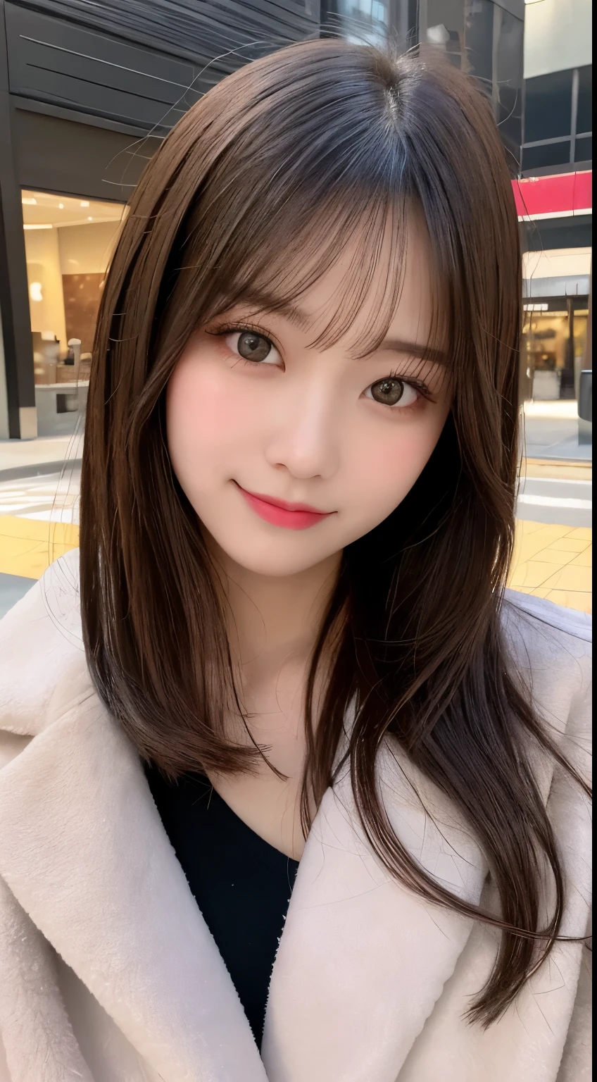 table top, highest quality, shape, Super detailed, finely, High resolution, 8k wallpaper, 完璧なダイナミックな構shape, beautiful and detailed eyes, Gorgeous black fluffy Tokyo winter clothes,ランダムなcute髪,,natural color lip, bold sexy pose,smile、20 year old girl、cute、sexy shot looking at camera,Always blur the background,perfect and beautiful face,Take only the face,beautiful and detailed face、slim face and style,Big eyes、Do gal makeup,small face,Wearing a luxury brand mink coat