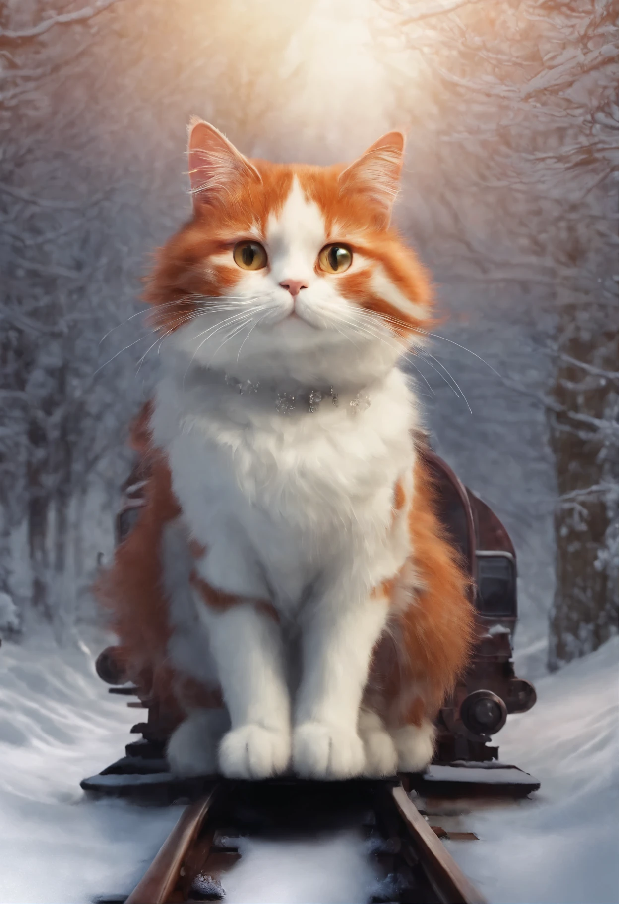 a red-haired and white cat sits on the roof of a train in the snow, the Polar express leaves for heaven, choo choo, Beautiful digital images, Cute illustrations, Sakimi, Train, Andrey Gordeev, Rails, charming digital painting, Magical scene, fantastic matte painting, Cute, White cat, Cute digital art, Desktop wallpaper the table - 1 0 2 4, 2 0 1 4