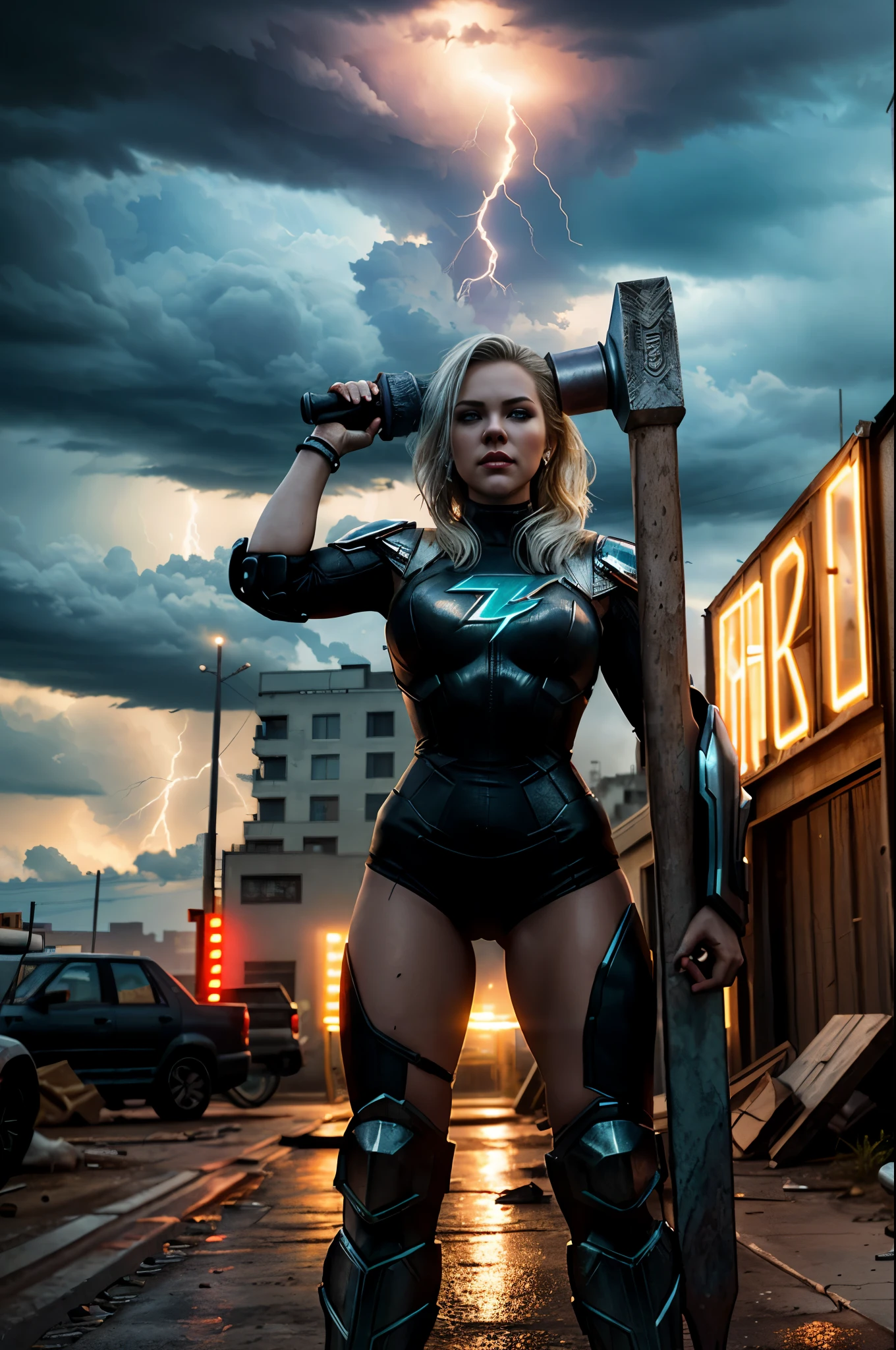 (Photorealistic:1.4) image of a cyber punk Alexis Texas (raising the huge hammer high like it was Thor's) (top-quality, 8K, 32K, masterpiece), (dynamic pose), ((facing camera)), (looking at camera), cowboy shot, shapeless hair, white cyberpunk swinsuit armored clothing, depth of field f/1.8, cyberpunk city background, cinematic lighting. lightning and thunder falling from the sky, 8k masterpiece high quality