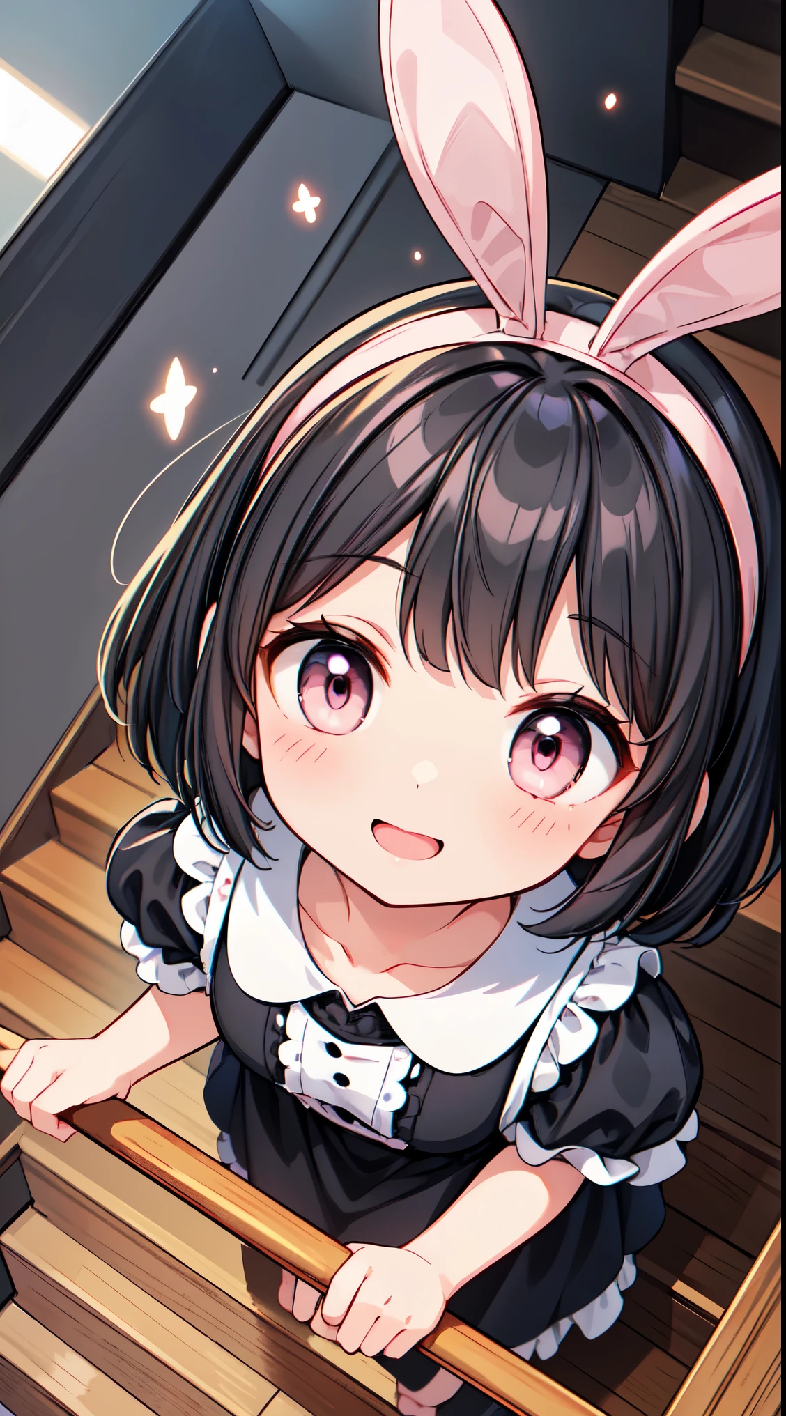 (super fine illustration:1.2),(masterpiece, 8k), (best quality, high quality:1.4), perfect anatomy, hyper detailed, ultra detailed,masterpiece background,beautiful detailed background, v8k wallpaper,perfect design,award-winning art,atmospheric,
BREAK, 1 beautiful horny girl,alone,(cute type:1.5),(Chibi:0.8),(cute type:1.5),(change:0.5),(horny girl, cute, full of energy, change face,slightly swollen chest),(black hair, messy short bob, story me, pink eyes:1.55 ),(full of energy, goofy smile, bad face:1.2),(white bunny ears headband:1.2),
BREAK, wearing a pink and white lace dress and holding a basket of flowers,in the style of anime influenced,light gold and purple,vintage academia,oshare kei,intricate patterns and details,
BREAK,wakame,wakame,wakame,(looking up,from front above:1.5)
(going up on stairs:1.5),
BREAK,(Blurry background:1.3),(absurderes, hight resolution, Super Detail Art),cel shading,Clear Color, Lonely optical effect, Beautiful pictures, Bright glow, mystic atmosphere,(Close-up of girl:1.1), Mystical light particle effect,manga influence, clean line drawings,