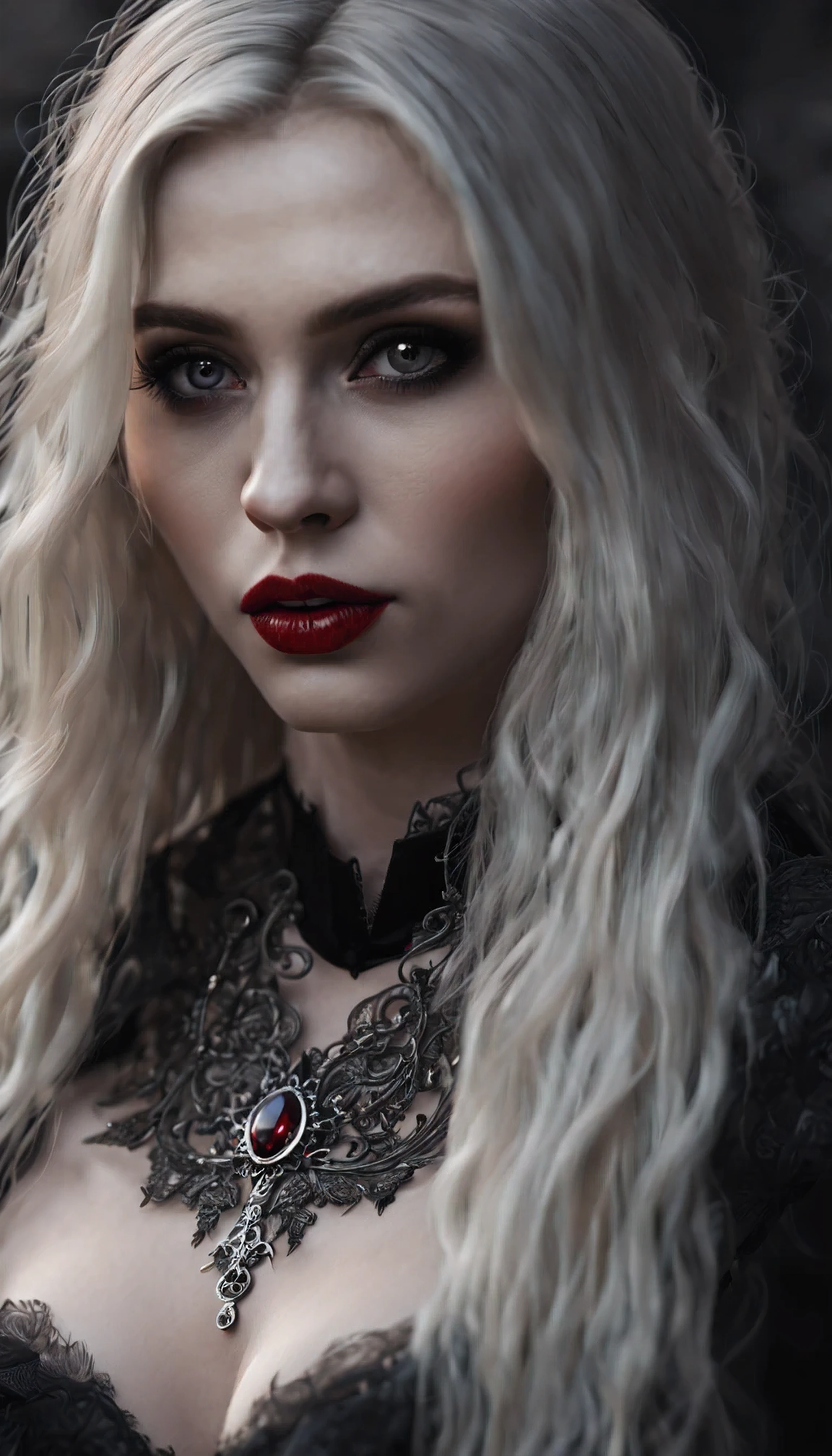 Photorealistic portrait of a vampire girl, У нее long light hair, Young woman, standing at full height in the dark, She is wearing a black short dress with a plunging neckline, Beautiful breasts, detailed chest, Black openwork stockings, black high heels, Detailed face, dark makeup, Seductive look, (sexual) Outside, fangs visible, Blood runs down his lips, bright glowing eyes. long light hair, realism, pale detailed skin, bright red eyes, very detailed skin, loose hair, Realistic skin, Gothic attire, Canon,4K, mysterious, Gothic, Sexy beautiful vampire girl, High 8K Image Quality, detailed image 16K.