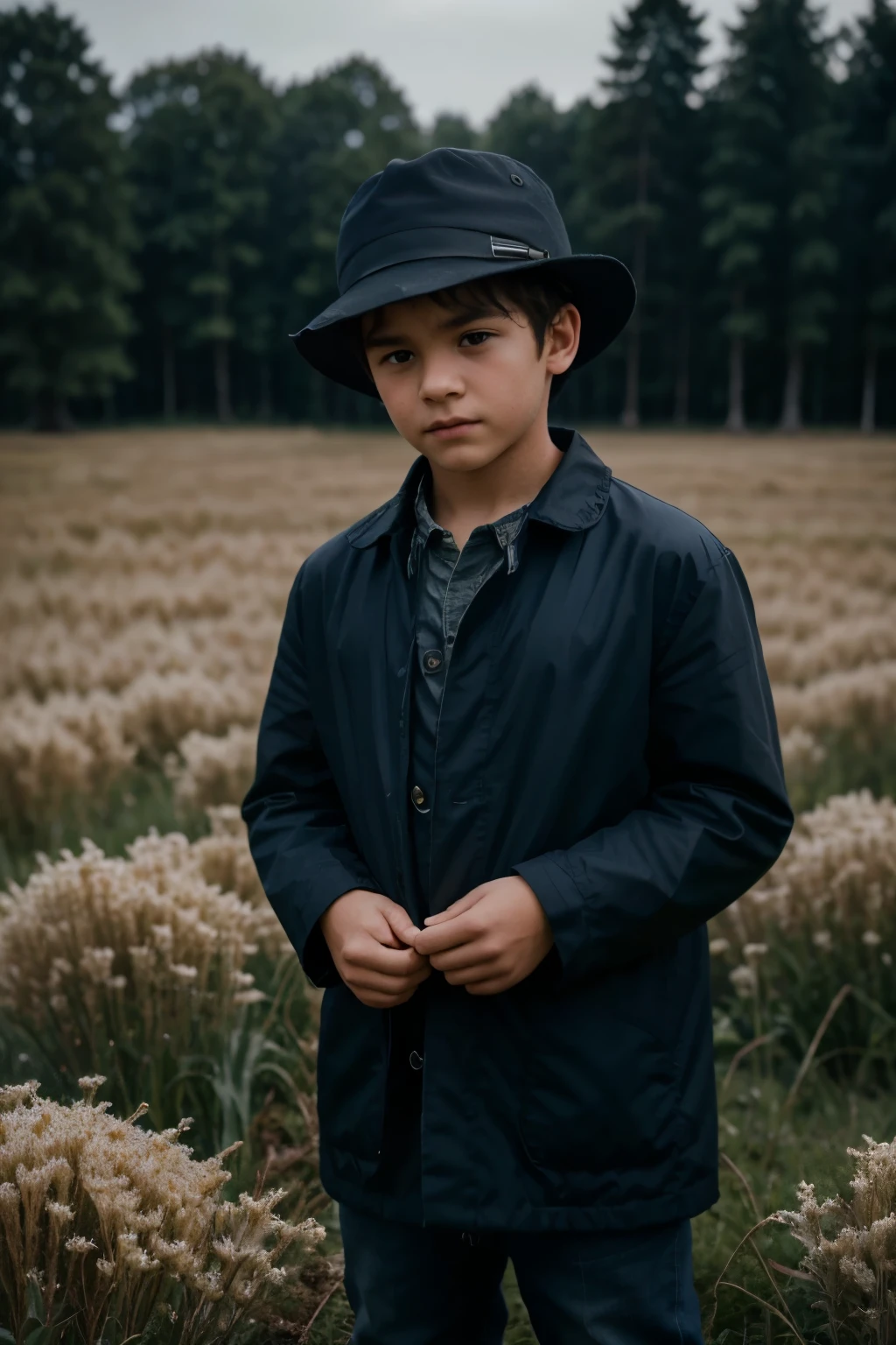 8 thousand, best quality, masterpiece, realistic, ultra detail, photo realistic, Increase quality, 
Photo of a boy standing in a field wearing a hat, Dark and gloomy designer style, bulky mass, photo bash, Serene face, Jagged edges, navy, natural beauty, close up shot
