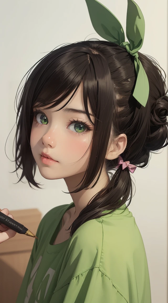 anime girl with a green shirt and a green bow in her hair, kawaii realistic portrait, guweiz, artwork in the style of guweiz, cute natural anime face, pigtails hairstyle, short pigtails hair, realistic cute girl painting, cute anime girl portrait, digital anime illustration, realistic anime 3 d style, cute anime face, extremely cute anime girl face