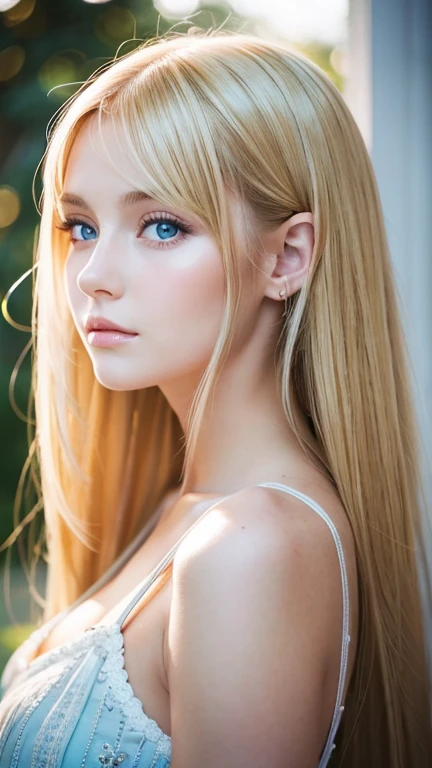 A woman with super long blonde hair and big bright light blue eyes is taking a photo, gorgeous young model, Portrait Sophie Mudd, beautiful blonde、bangs between eyes、female model, cute young woman, very beautiful young woman with very big eyes, beautiful model portrait, beautiful young girl, Beautiful young woman, beautiful woman pictures, perfect face, 14 year old beautiful model, Beautiful young face, Beautiful blonde girl
