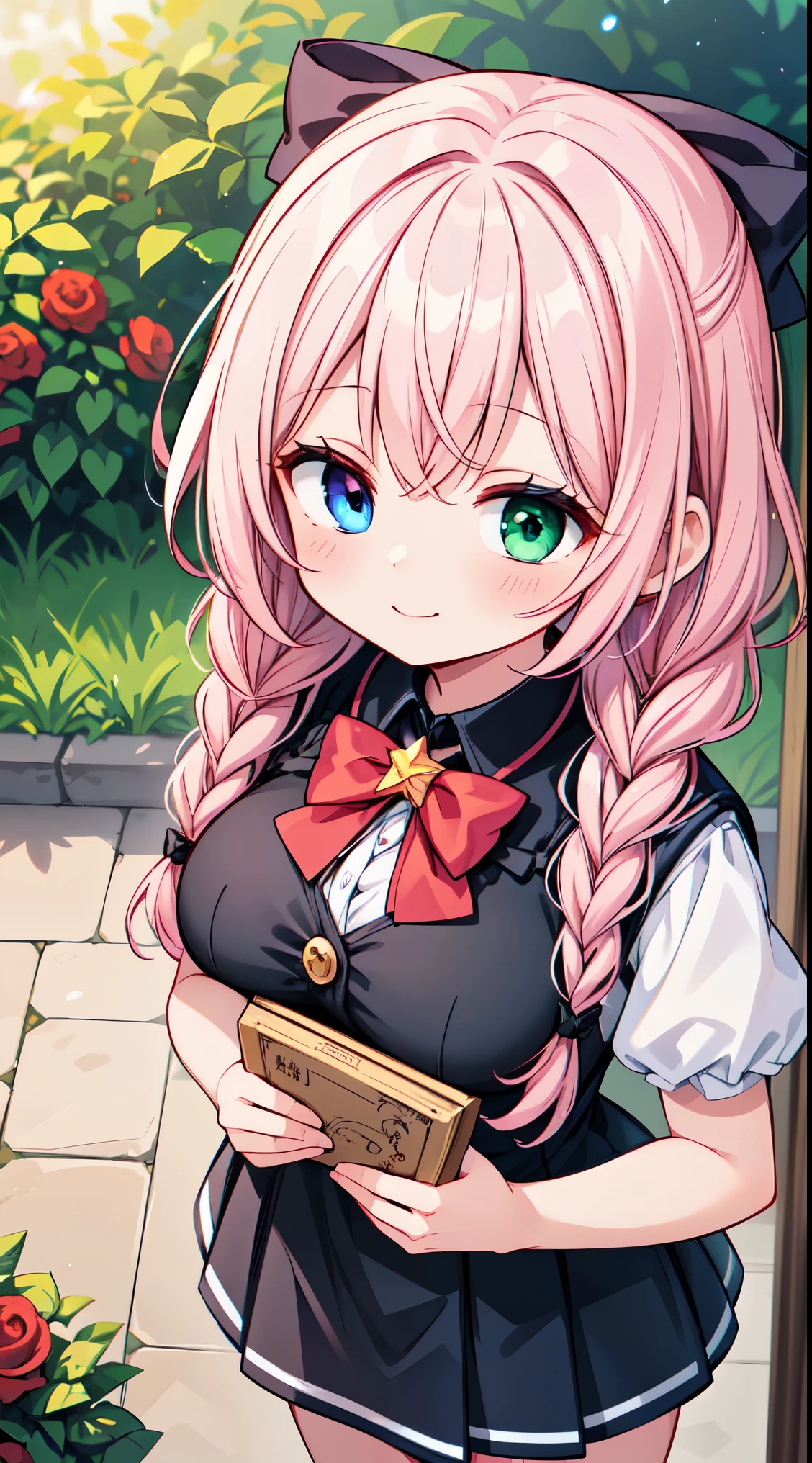 (super fine illustration:1.2),(masterpiece, 8k), (best quality, high quality:1.4), perfect anatomy, hyper detailed, ultra detailed,masterpiece background,beautiful detailed background, v8k wallpaper,perfect design,award-winning art,atmospheric,


BREAK,  one beautiful girl, (17 year old girl),alone,(kawaii:1.5),(Chibi:0.6),(cute:1.5),(:1.5),break,(17 year old girl), one beautiful girl,very detailed,Colorful,best details,transparent skin,Shining beautiful skin,shy,very detailed,Colorful,best details,BREAK,transparent skin,Shining beautiful skin,shy skin,break,(heterochromia,blue eyes,green eyes, eye highlights,first ultrafine star:1.45),star eye silhouette ,BREAK,(pink hair, semi-long hair, bow:1.4),(twin braids,slightly curly hair,princess cut, crossed bangs:1.3),(big breasts,beautiful breasts:1.5),(long eyelashes, double eyelid:1.2),alone,glowing skin, transparent skin, Shining beautiful skin,(highest quality face),(highest quality bright eyes),(light smile:1.45), 


BREAK

The goddess of roses relaxing with a bow in the garden full of blooming flowers, plants,water,flower,bird,bird cage,starry sky,ivy,lot of jewel,multiple jewel,

BREAK,wakame,wakame,wakame,(cowboy shot,from above:1.5) ,

BREAK,(Blurry background:1.3),(absurderes, hight resolution, Super Detail Art),cel shading,Clear Color, Lonely optical effect, Beautiful pictures, Bright glow, mystic atmosphere,(Close-up of girl:1.1), Mystical light particle effect,manga influence, clean line drawings, 
 