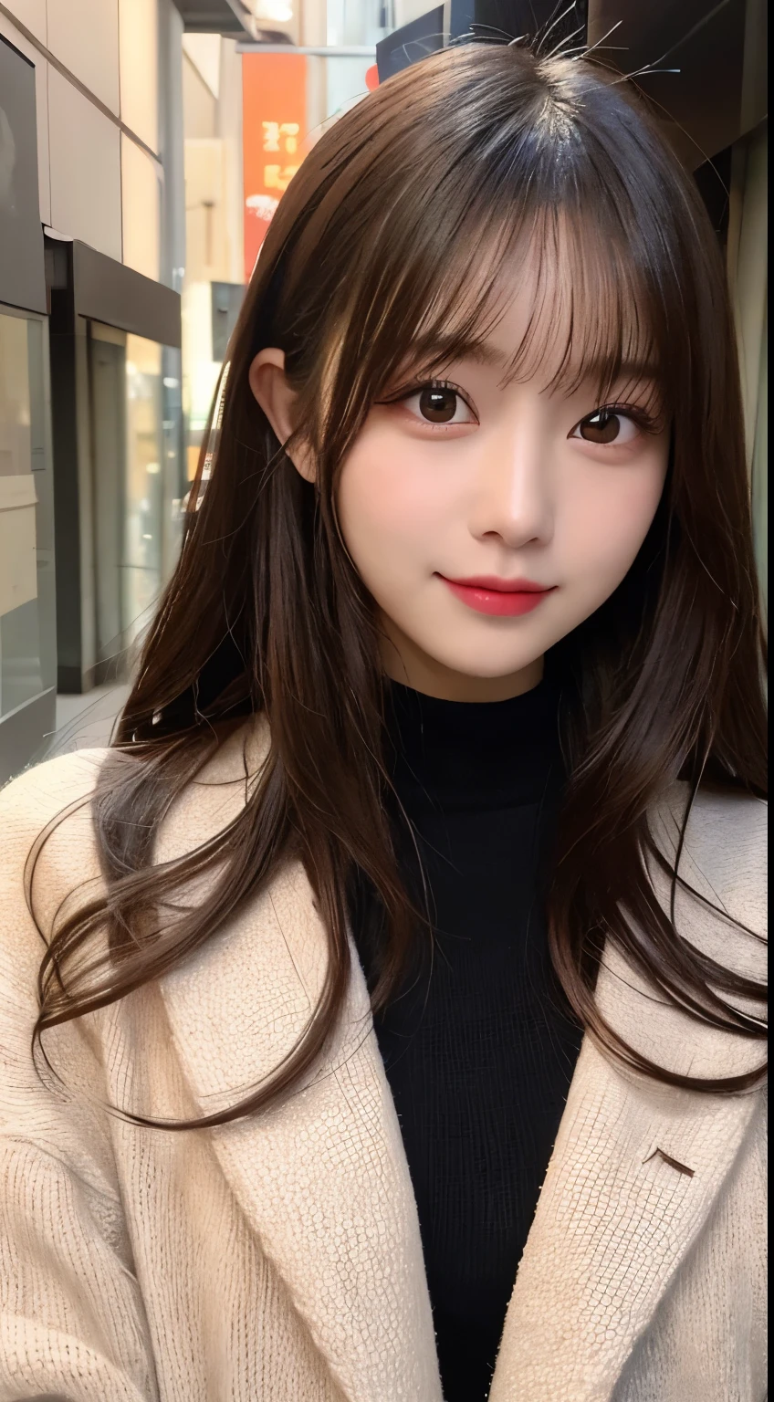 table top, highest quality, shape, Super detailed, finely, High resolution, 8k wallpaper, 完璧なダイナミックな構shape, beautiful and detailed eyes, Gorgeous black fluffy Tokyo winter clothes,ランダムなcute髪,,natural color lip, bold sexy pose,smile、20 year old girl、cute、sexy shot looking at camera,Always blur the background,perfect and beautiful face,Take only the face,beautiful and detailed face、slim face and style,Big eyes、Do gal makeup,small face,Wearing a luxury brand mink coat