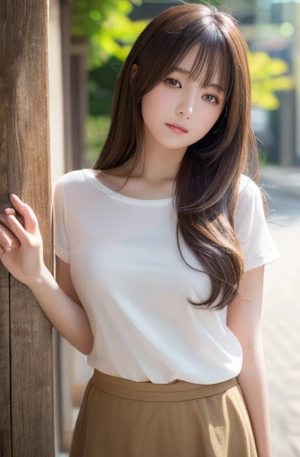 (bestquality, Piece Table, ultra hd: 1.3), 1girl in, Middlebox, Light brown hair, blunt bangs, hair behind ear, hair over shoulder, long-haired, Slender Figure, ultra-fine face, Sensitive lips, beautidul eyes, Thin blush, The eyes are light brown......., Perfect glossy skin, Flawless skin, Glittering sweat, See here......., Ultra-thin hands, Ultra-fine fingers, best ratio four fingers and one thumb, (reality:1.3), finger extension, white blouse, White short skirt, super model legs, flat. , Eye-Level Shot, chesty, 10,Broadleaf forests (environment, in a city in France) (Random costumes,Random clothing color)