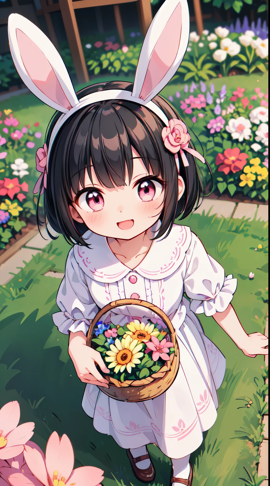 (super fine illustration:1.2),(masterpiece, 8k), (best quality, high quality:1.4), perfect anatomy, hyper detailed, ultra detailed,masterpiece background,beautiful detailed background, v8k wallpaper,perfect design,award-winning art,atmospheric,
BREAK, 1 beautiful horny girl,alone,(cute type:1.5),(Chibi:0.8),(cute type:1.5),(change:0.5),(horny girl, cute, full of energy, change face,slightly swollen chest),(black hair, messy short bob, story me, pink eyes:1.55 ),(full of energy, goofy smile, bad face:1.2),(white bunny ears headband:1.2),
BREAK, wearing a pink and white lace dress and holding a basket of flowers,in the style of anime influenced,light gold and purple,vintage academia,oshare kei,intricate patterns and details,(walking flower garden:1.35),
BREAK,wakame,wakame,wakame,(looking up,from front above:1.5)
BREAK,(Blurry background:1.3),(absurderes, hight resolution, Super Detail Art),cel shading,Clear Color, Lonely optical effect, Beautiful pictures, Bright glow, mystic atmosphere,(Close-up of girl:1.1), Mystical light particle effect,manga influence, clean line drawings,