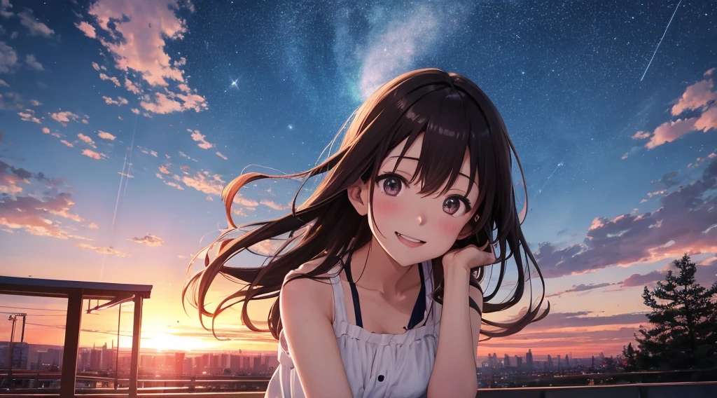 High resolution8K, NSFW, bright light lighting, anime style, film portrait photography, 1 girl, 1 boy、laugh together、makoto shinkai, 日本のanime style, pastel starlight, Tokyo City Lights, 1 girl, ridiculous solution, High resolution, sunset sky, Dramatic scenes, (masterpiece:1.4), super detailed, pink clouds, anime characters in a scene with a sky background, yournameの映画スタイル, Stills in TV anime, yourname,