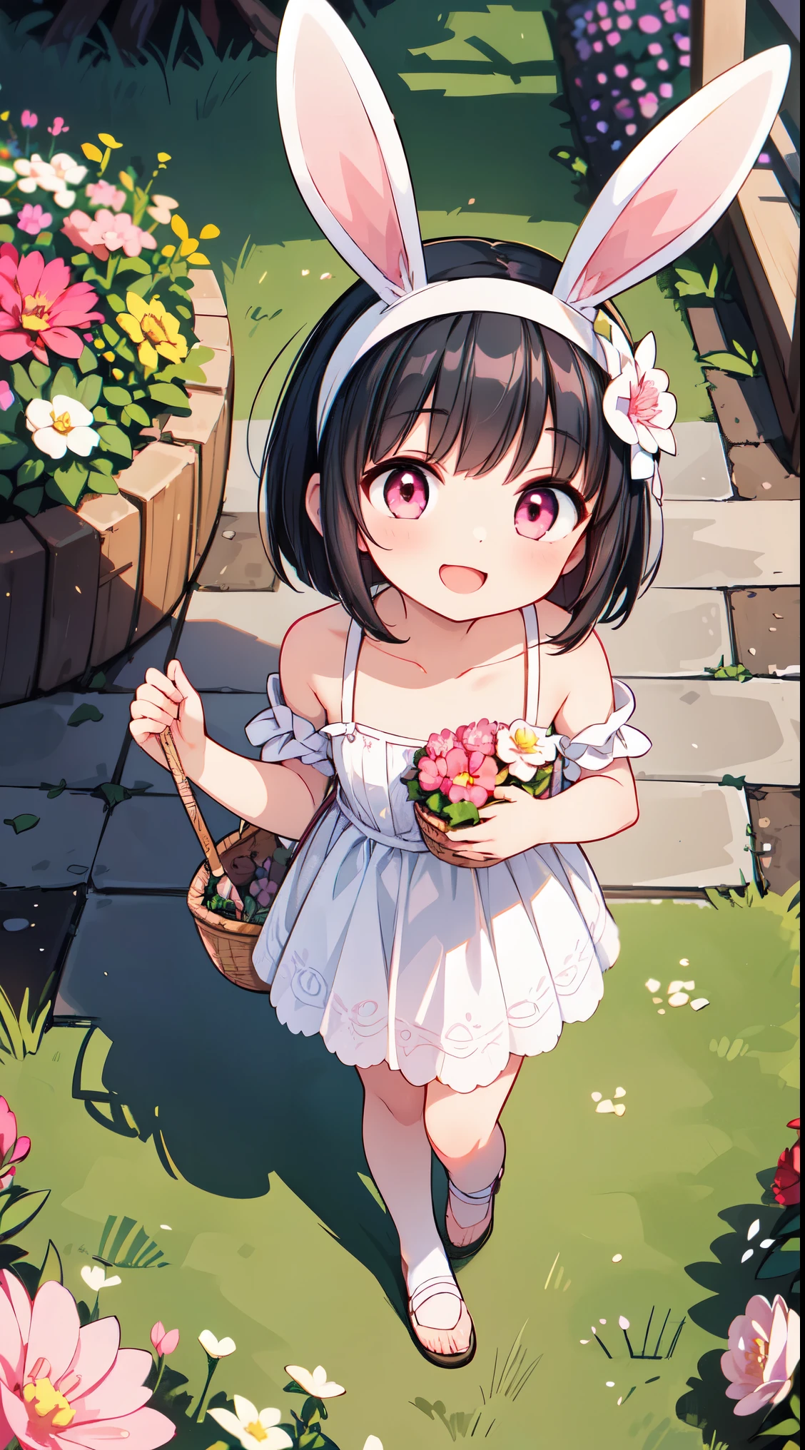 (super fine illustration:1.2),(masterpiece, 8k), (best quality, high quality:1.4), perfect anatomy, hyper detailed, ultra detailed,masterpiece background,beautiful detailed background, v8k wallpaper,perfect design,award-winning art,atmospheric,
BREAK, 1 beautiful horny girl,alone,(cute type:1.5),(Chibi:0.8),(cute type:1.5),(change:0.5),(horny girl, cute, full of energy, change face,slightly swollen chest),(black hair, messy short bob, story me, pink eyes:1.55 ),(full of energy, goofy smile, bad face:1.2),(white bunny ears headband:1.2),
BREAK, wearing a pink and white lace dress and holding a basket of flowers,in the style of anime influenced,light gold and purple,vintage academia,oshare kei,intricate patterns and details,(walking flower garden:1.35),
BREAK,wakame,wakame,wakame,(looking up,from front above:1.5)
BREAK,(Blurry background:1.3),(absurderes, hight resolution, Super Detail Art),cel shading,Clear Color, Lonely optical effect, Beautiful pictures, Bright glow, mystic atmosphere,(Close-up of girl:1.1), Mystical light particle effect,manga influence, clean line drawings,