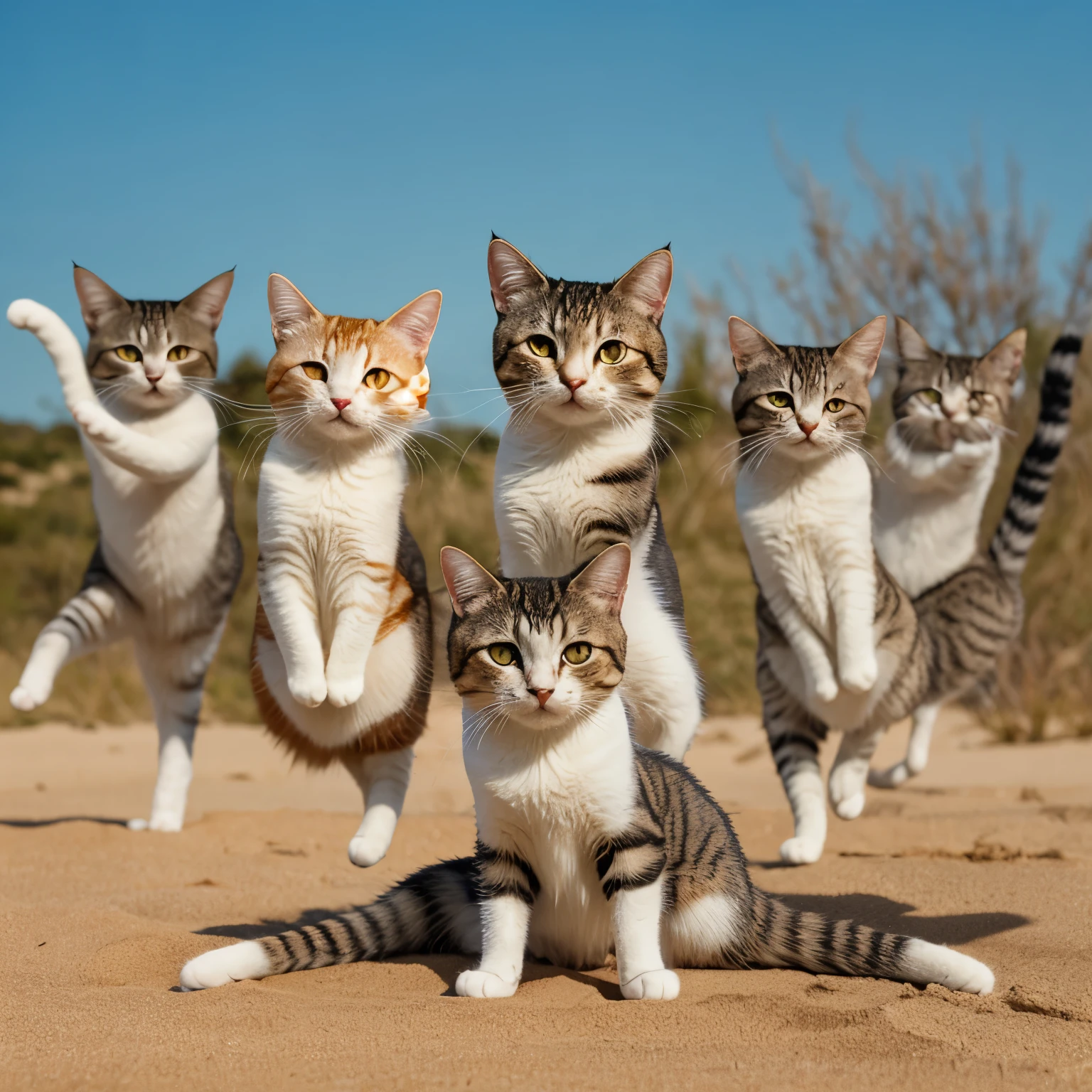 Realistic cat gymnastics、Very realistic cat、dancing, Each one has a different pose, It's like a dance studio, dynamic pose, Fierce dance, Super fine、Finish like a photo、8K、The background is a bright sandy beach、((blue sky))