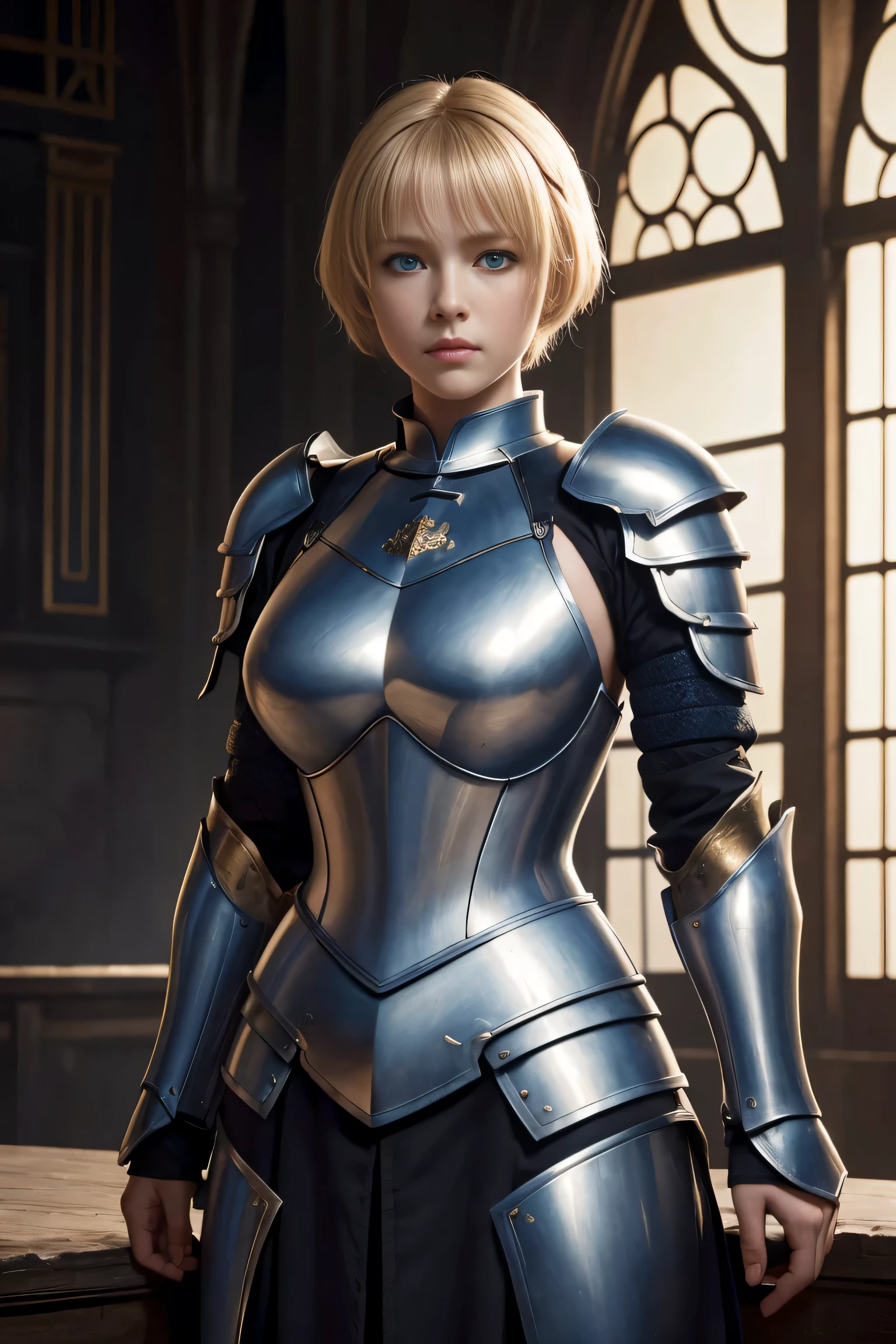 8K,超A high resolution,((Top image quality)), ((masterpiece)), (high-detail:1.3), Joan of Arc,Blue eyes,Blonde shorthair,Woman in Black Armor、large full breasts,Meticulous in the details of the decoration of the chest armor、Scenes of armor damage during the war