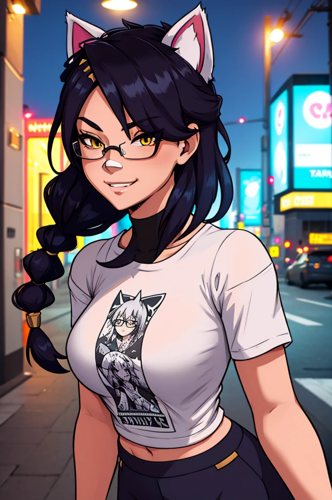 Erisa, 1girl, solo, long hair, looking at viewer, black hair, bandaid on face, yellow eyes, animal ears, smile, bandaid on nose, braid, cat ears, bandaid, bangs, breasts, fake animal ears, simple background, fang, bare shoulders, scar, teeth, shirt, tight shirt, bare shoulders, black shirt, short sleeves, closed mouth, t-shirt, hair over one eye, night city view, portrait, hair over shoulder, shorts, skin tight shirt, wet shirt, glasses, seductive, realistic, best quality, masterpiece, ultra detail, ultra high res, extreme detail, 8k