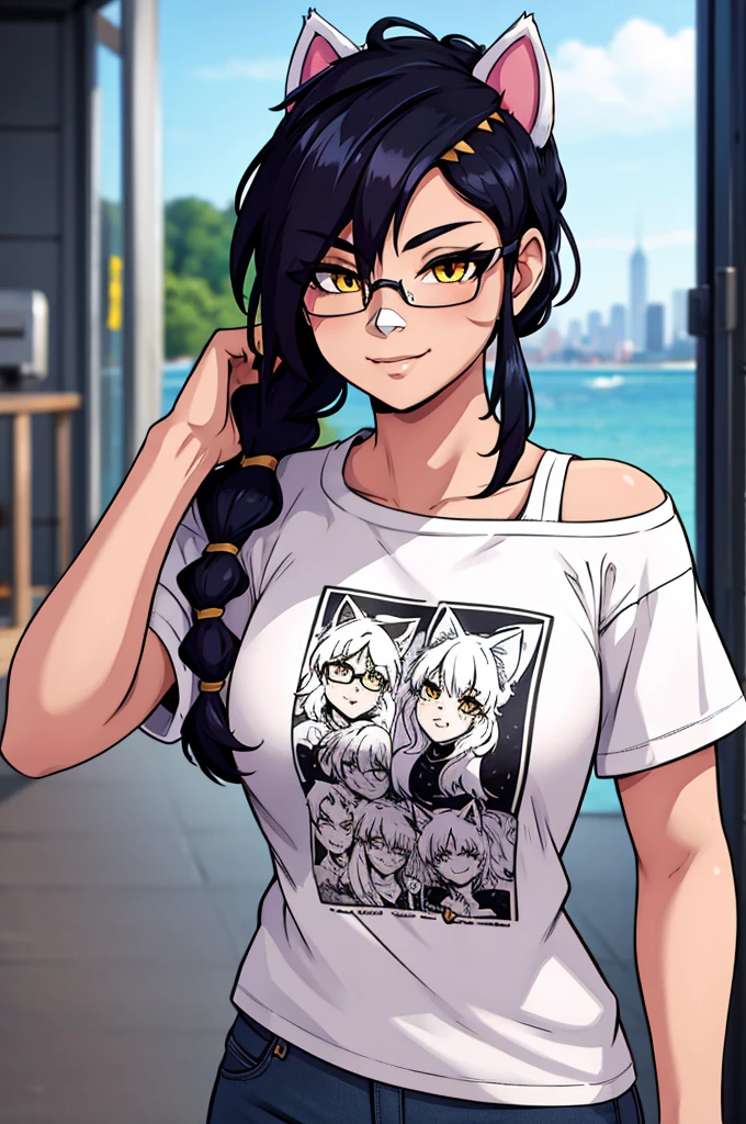 Erisa, 1girl, solo, long hair, looking at viewer, black hair, bandaid on face, yellow eyes, animal ears, smile, bandaid on nose, braid, cat ears, bandaid, bangs, breasts, fake animal ears, simple background, fang, bare shoulders, scar, teeth, shirt, tight shirt, bare shoulders, black shirt, short sleeves, closed mouth, t-shirt, hair over one eye, night city view, portrait, hair over shoulder, shorts, skin tight shirt, tight shorts, butt, wet shirt, legs, glasses, seductive, realistic, best quality, masterpiece, ultra detail, ultra high res, extreme detail, 8k
