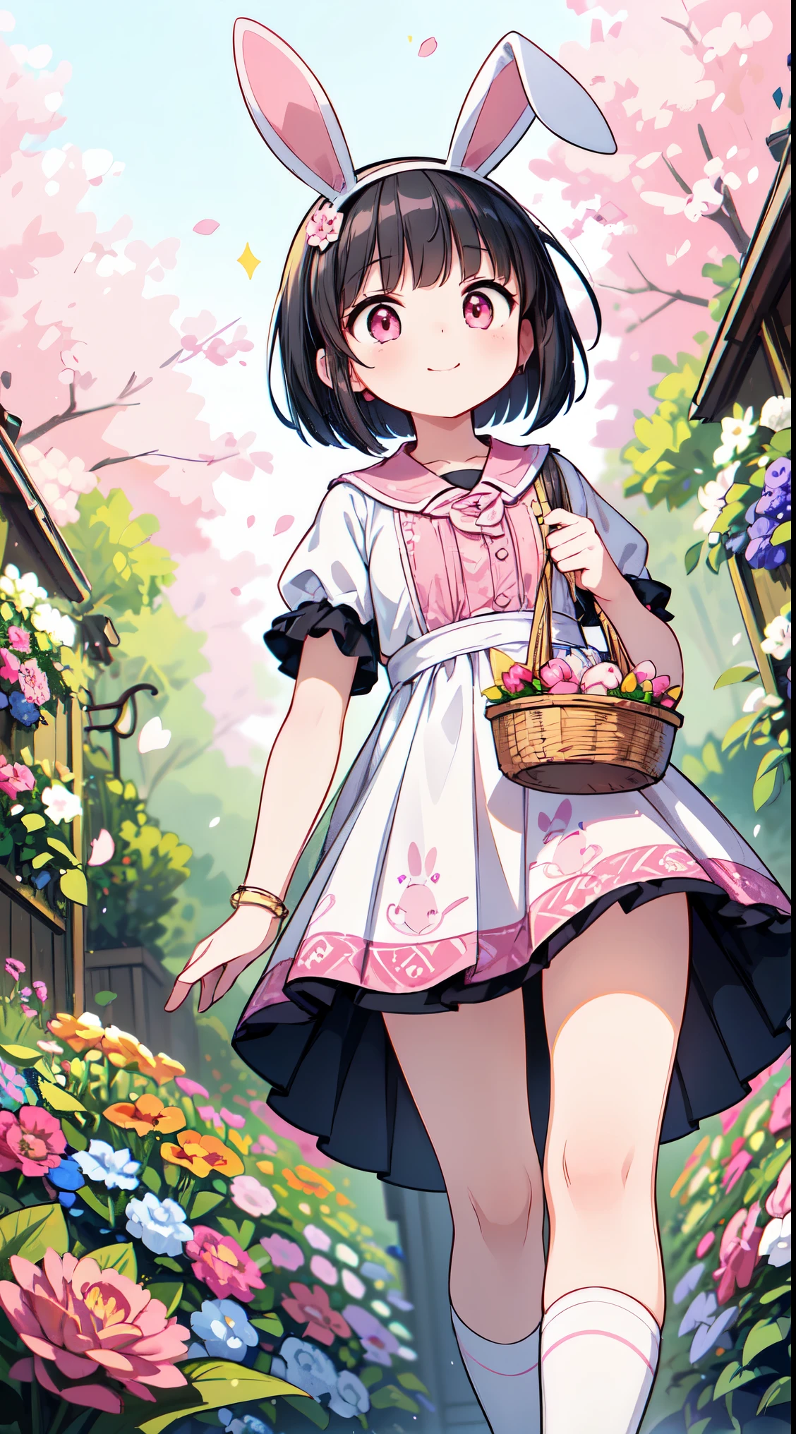 (super fine illustration:1.2),(masterpiece, 8k), (best quality, high quality:1.4), perfect anatomy, hyper detailed, ultra detailed,masterpiece background,beautiful detailed background, v8k wallpaper,perfect design,award-winning art,atmospheric,


BREAK,  1 beautiful horny girl,alone,(cute type:1.5),(Chibi:0.8),(cute type:1.5),(change:0.5),(horny girl, cute, full of energy, change face,slightly swollen chest),(black hair, messy short bob, story me, pink eyes:1.55 ),(full of energy, goofy smile, bad face:1.2),(white bunny ears headband:1.2), 

BREAK, wearing a pink and white lace dress and holding a basket of flowers,in the style of anime influenced,light gold and purple,vintage academia,oshare kei,intricate patterns and details,(walking flower garden:1.35),



BREAK,wakame,wakame,wakame,(looking up,from front below:1.5) 



BREAK,(Blurry background:1.3),(absurderes, hight resolution, Super Detail Art),cel shading,Clear Color, Lonely optical effect, Beautiful pictures, Bright glow, mystic atmosphere,(Close-up of girl:1.1), Mystical light particle effect,manga influence, clean line drawings, 