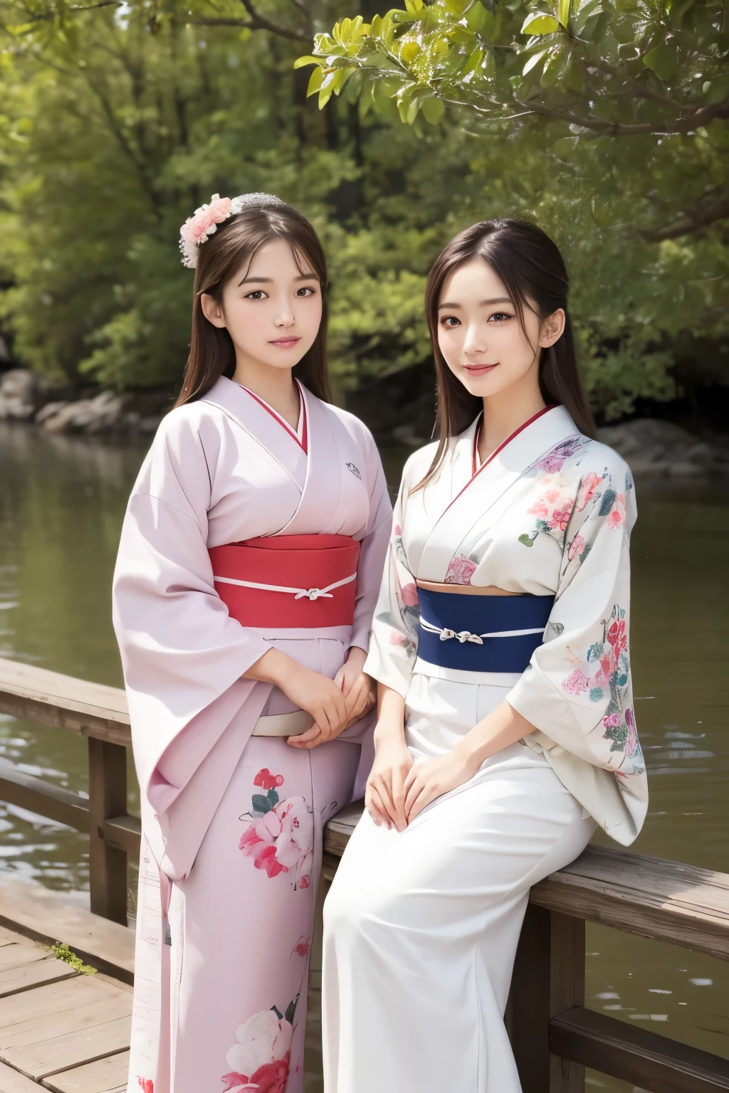 beautiful girl, young girl, pretty girl, thin girl, traditional Japanese clothing, traditional Japanese kimono, printed kimono, (sitting: 1.1), (legs open: 1.2), (spread her legs: 1.3), (showing panties: 1.3), ( white panties: 1.1), (cameltoe: 1.2), in a Japanese garden, feudal Japan, traditional Japanese garden, (cowboy shot), best quality, (masterpiece), ultra-realistic, ultra-detailed, 8k