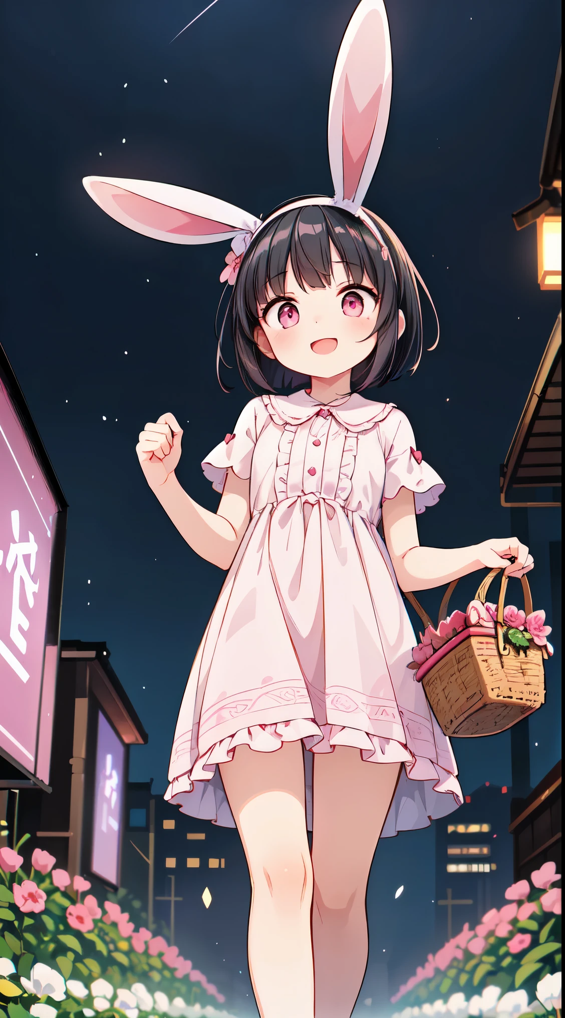 (super fine illustration:1.2),(masterpiece, 8k), (best quality, high quality:1.4), perfect anatomy, hyper detailed, ultra detailed,masterpiece background,beautiful detailed background, v8k wallpaper,perfect design,award-winning art,atmospheric,


BREAK,  1 beautiful horny girl,alone,(cute type:1.5),(Chibi:0.8),(cute type:1.5),(change:0.5),(horny girl, cute, full of energy, change face,slightly swollen chest),(black hair, messy short bob, story me, pink eyes:1.55 ),(full of energy, goofy smile, bad face:1.2),(white bunny ears headband:1.2), 

BREAK, wearing a pink and white lace dress and holding a basket of flowers,in the style of anime influenced,light gold and purple,vintage academia,oshare kei,intricate patterns and details,(walking flower garden:1.35),



BREAK,wakame,wakame,wakame,(looking up,from front below:1.5) 



BREAK,(Blurry background:1.3),(absurderes, hight resolution, Super Detail Art),cel shading,Clear Color, Lonely optical effect, Beautiful pictures, Bright glow, mystic atmosphere,(Close-up of girl:1.1), Mystical light particle effect,manga influence, clean line drawings, 