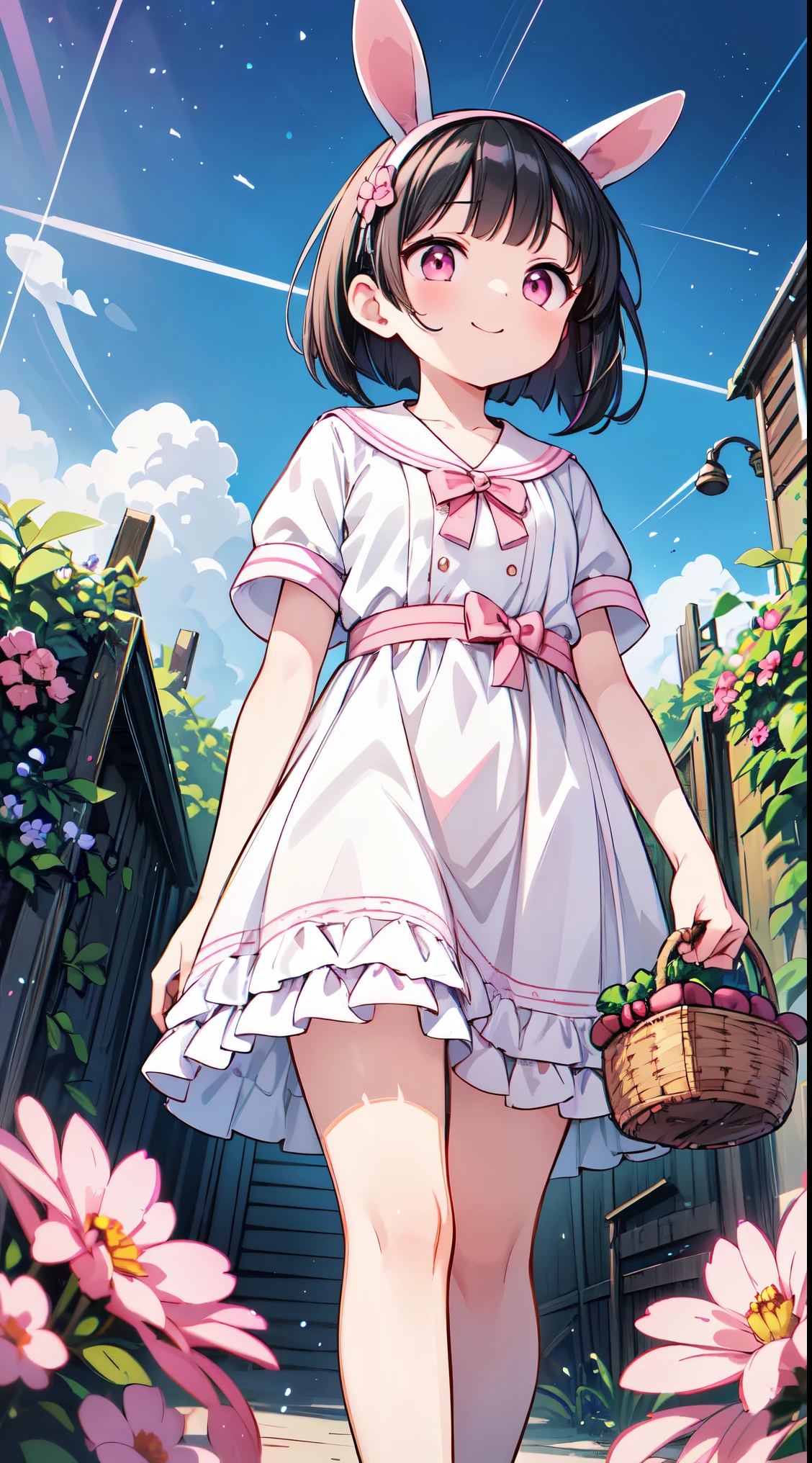 (super fine illustration:1.2),(masterpiece, 8k), (best quality, high quality:1.4), perfect anatomy, hyper detailed, ultra detailed,masterpiece background,beautiful detailed background, v8k wallpaper,perfect design,award-winning art,atmospheric,
BREAK, 1 beautiful horny girl,alone,(cute type:1.5),(Chibi:0.8),(cute type:1.5),(change:0.5),(horny girl, cute, full of energy, change face,slightly swollen chest),(black hair, messy short bob, story me, pink eyes:1.55 ),(full of energy, goofy smile, bad face:1.2),(white bunny ears headband:1.2),
BREAK, wearing a pink and white lace dress and holding a basket of flowers,in the style of anime influenced,light gold and purple,vintage academia,oshare kei,intricate patterns and details,(walking flower garden:1.35),
BREAK,wakame,wakame,wakame,(looking up,from front below:1.5)
BREAK,(Blurry background:1.3),(absurderes, hight resolution, Super Detail Art),cel shading,Clear Color, Lonely optical effect, Beautiful pictures, Bright glow, mystic atmosphere,(Close-up of girl:1.1), Mystical light particle effect,manga influence, clean line drawings,