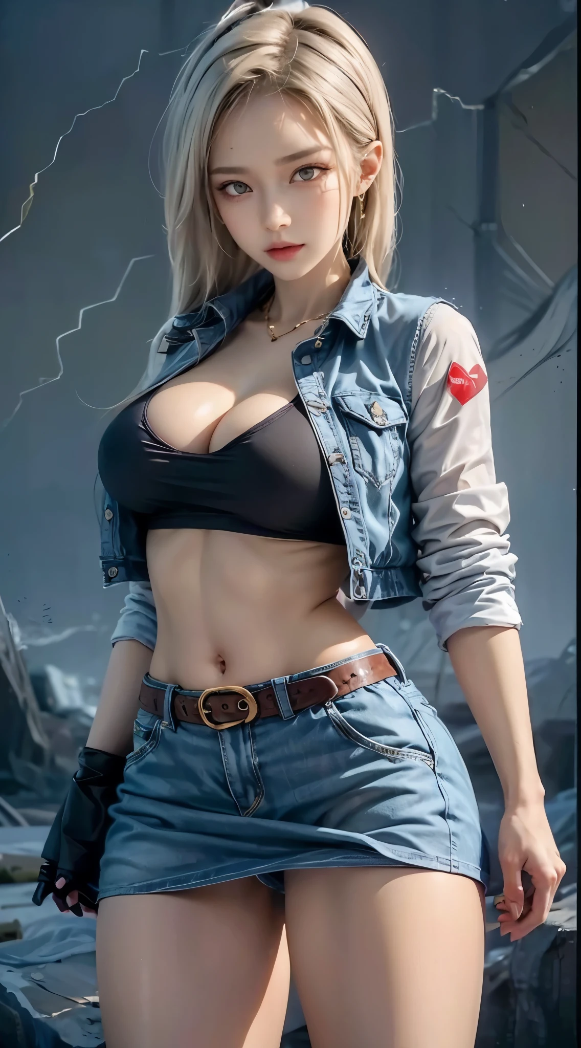 realistic, 1 women, best quality, 12k, HD, long hair, big round breasts, cleavage, ponytail, necklace, jewelry, shorts, short jacket, slim hips, hair tie, yellow eyes, black hair, super detailed, Eye details, hair details, person details, mouth details, face details, breast details, clothes details, hair details, pants details, hand details, whole body