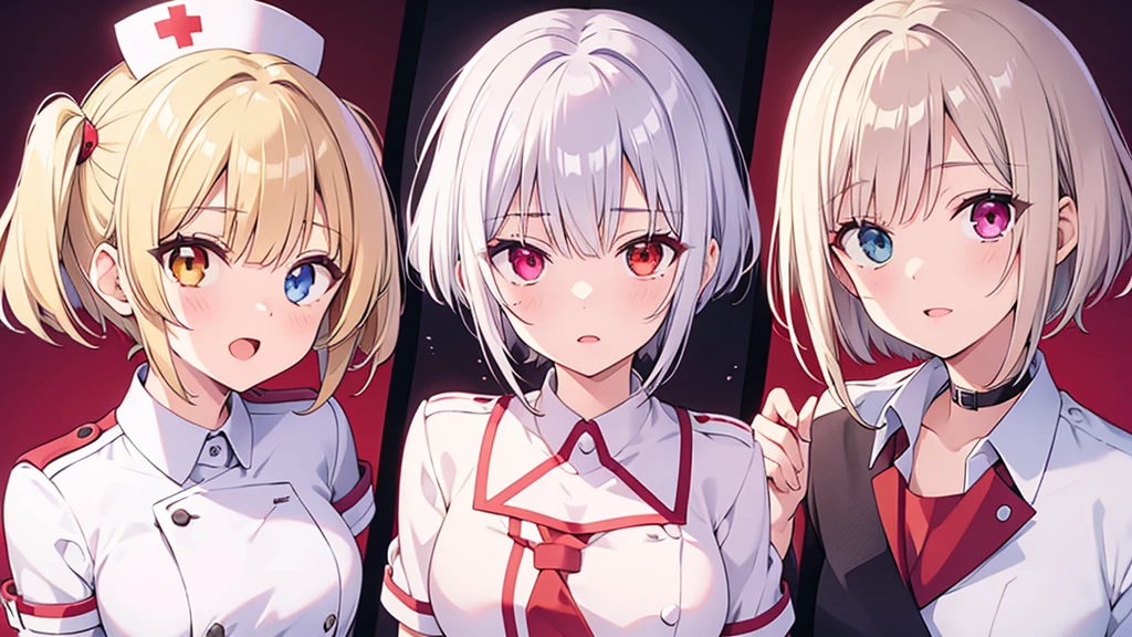 heterochromia,silver eye,red eye,bobcut,blondhair,nurse,yawn