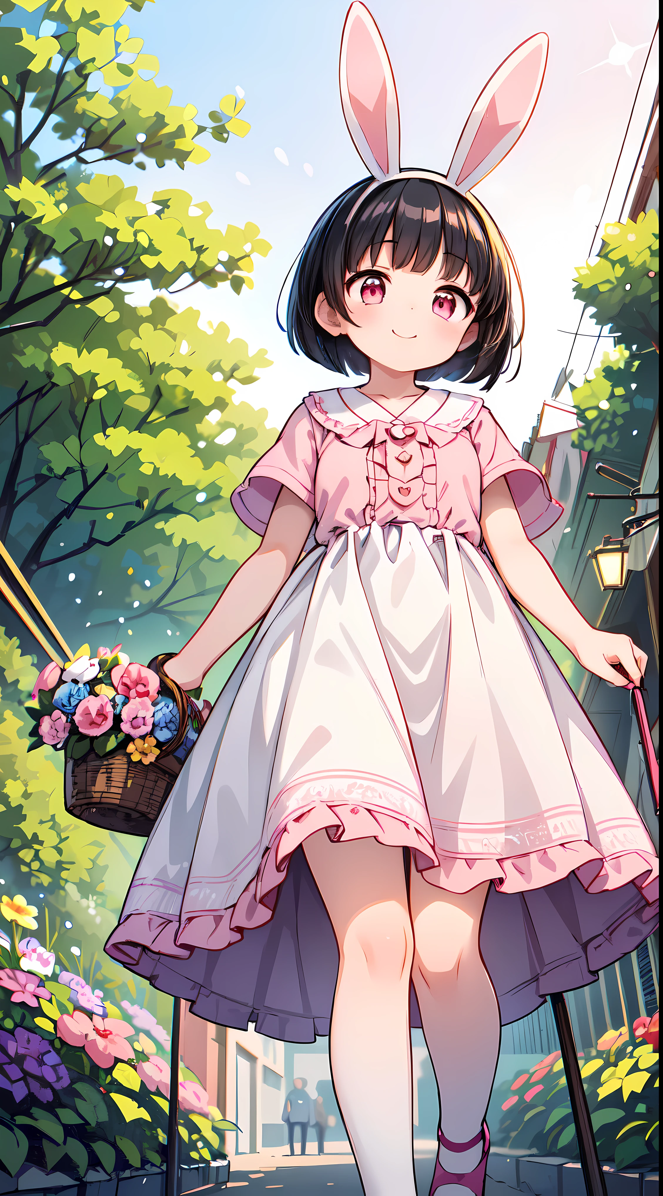 (super fine illustration:1.2),(masterpiece, 8K), (最high quality, high quality:1.4), perfect anatomy, very detailed, Super detailed,masterpiece background,beautiful detailed background, v8K wallpaper,perfect design,award winning art,in the atmosphere,
break, 1 beautiful horny girl,alone,(cute type:1.5),(Little:0.8),(cute type:1.5),(change:0.5),(horny girl, cute, Full of energy, change face,slightly swollen chest),(black hair, messy short bob, please talk to me, pink eyes:1.55 ),(Full of energy, goofy smile, bad face:1.2),(white bunny ears headband:1.2),
break, wearing a pink and white lace dress、I have a basket of flowers。,With an anime-influenced style,light gold and purple,vintage academia,oshare kei,Complex patterns and details,(walking flower field:1.35),
break,Seaweed,Seaweed,Seaweed,(look up,from front below:1.5)
break,(blurred background:1.3),(absurd, High resolution, super detail art),cel shading,clear color, lonely optical effect, beautiful photo, bright shine, mysterious atmosphere,(girl close-up:1.1), mysterious light particle effect,Manga influence, beautiful line drawing,