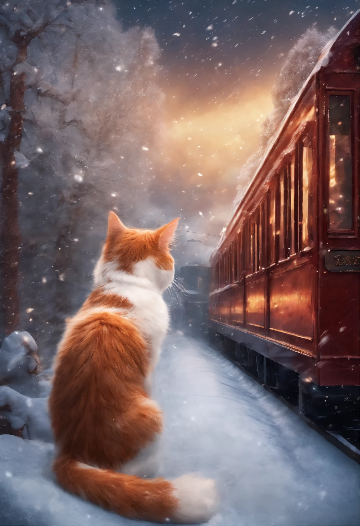 a red-haired and white cat sits on the roof of a train in the snow, a snowstorm, a blizzard, the Polar express leaves for heaven, choo choo, Beautiful digital images, Cute illustrations, Sakimi, Train, Andrey Gordeev, Rails, charming digital painting, Magical scene, fantastic matte painting, Cute, White cat, Cute digital art, Desktop wallpapers - 1 0 2 4, 2 0 1 4