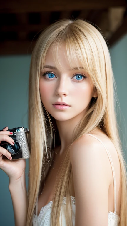 A woman with super long light blonde hair and big light blue eyes is taking a photo, gorgeous young model, Portrait Sophie Mudd, beautiful blonde、bangs between eyes、female model, cute young woman, very beautiful young woman with very big eyes, beautiful model portrait, beautiful young girl, Beautiful young woman, beautiful woman pictures, perfect face, 14 year old beautiful model, Beautiful young face, Beautiful blonde girl