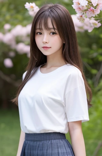 highest quality, soft light, ultra high resolution, (realistic:1.4), full_body,RAW photo, 1 japanese girl, alone, cute, (pupil, light in the eyes), detailed beautiful face,(High resolution details of human skin texture), (long hair), outdoor, Y-shirt,skirt, (portrait),spring,smail