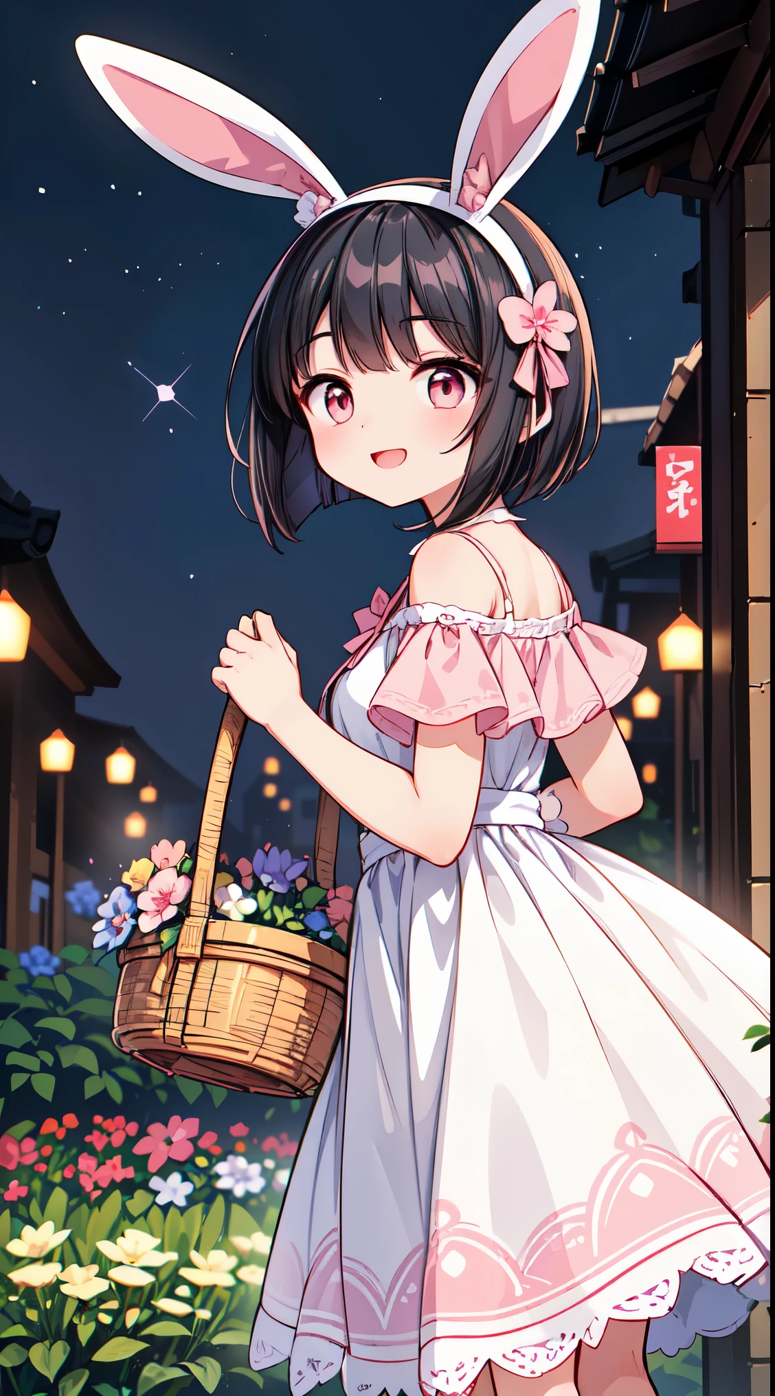 Anime girl in bunny ears holding a basket of flowers - SeaArt AI