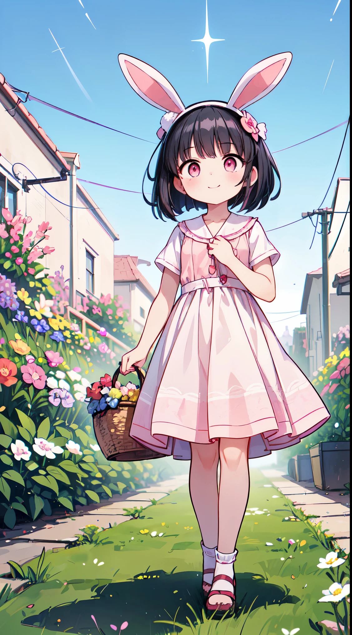 (super fine illustration:1.2),(masterpiece, 8k), (best quality, high quality:1.4), perfect anatomy, hyper detailed, ultra detailed,masterpiece background,beautiful detailed background, v8k wallpaper,perfect design,award-winning art,atmospheric,


BREAK,  1 beautiful horny girl,alone,(cute type:1.5),(Chibi:0.8),(cute type:1.5),(change:0.5),(horny girl, cute, full of energy, change face,slightly swollen chest),(black hair, messy short bob, story me, pink eyes:1.55 ),(full of energy, goofy smile, bad face:1.2),(white bunny ears headband:1.2), 

BREAK, wearing a pink and white lace dress and holding a basket of flowers,in the style of anime influenced,light gold and purple,vintage academia,oshare kei,intricate patterns and details,(walking flower garden:1.35),



BREAK,wakame,wakame,wakame,(looking up,from front behind:1.5) 



BREAK,(Blurry background:1.3),(absurderes, hight resolution, Super Detail Art),cel shading,Clear Color, Lonely optical effect, Beautiful pictures, Bright glow, mystic atmosphere,(Close-up of girl:1.1), Mystical light particle effect,manga influence, clean line drawings, 