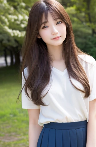 highest quality, soft light, ultra high resolution, (realistic:1.4), full_body,RAW photo, 1 japanese girl, alone, cute, (pupil, light in the eyes), detailed beautiful face,(High resolution details of human skin texture), (long hair), outdoor, Y-shirt,skirt, (portrait),spring,smile