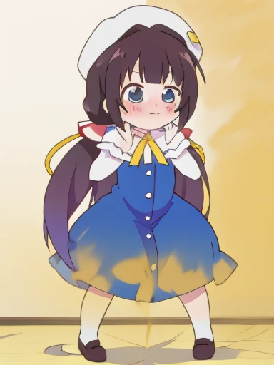 Hinatsuru Ai、White beret、Blue Uniform、white inner、black hair、long hair、yellow ribbon、8K、muste piece、disorganized、anime、screen cap、fart、shyness、blush、put pressure on your face、lots of gas、Gas comes out of the butt、full body photo、Are standing、Hip Attack、stick out your butt、