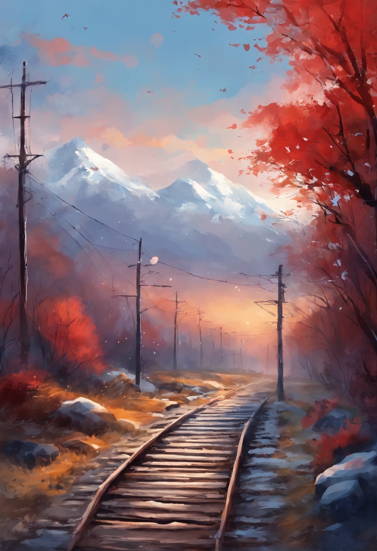 anime drawn in watercolor, red and white cat walks along the heavenly paths, snow, Railway tracks, snowing, winter, makoto shinkai cyril rolando, anime style 4k, 4k anime wallpaper, anime art wallpaper 8k, anime art wallpaper 4k, anime art wallpaper 4k, 4k manga wallpaper, anime movie background, colorful anime movie background, Atey Gaylan 8 K