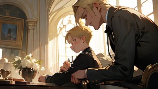 Father and son, blond hair, gray eyes, seated, warm atmosphere, elegant, portrait, Ingenious angle