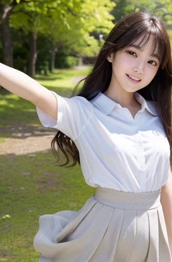 highest quality, soft light, ultra high resolution, (realistic:1.4), full_body,RAW photo, 1 japanese girl, alone, cute, (pupil, light in the eyes), detailed beautiful face,(High resolution details of human skin texture), (long hair), outdoor, Y-shirt,skirt, (portrait),spring,smile,jump