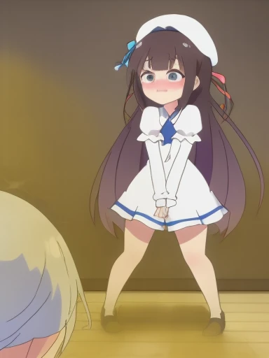 Hinatsuru Ai、White beret、Blue Uniform、white inner、black hair、long hair、yellow ribbon、8K、muste piece、disorganized、anime、screen cap、fart、shyness、blush、put pressure on your face、lots of gas、Gas comes out of the butt、full body photo、Are standing、Hip Attack、stick out your butt、