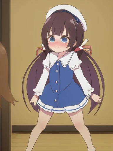 Hinatsuru Ai、White beret、Blue Uniform、white inner、black hair、long hair、yellow ribbon、8K、muste piece、disorganized、anime、screen cap、fart、shyness、blush、put pressure on your face、lots of gas、Gas comes out of the butt、full body photo、Are standing、Hip Attack、stick out your butt、