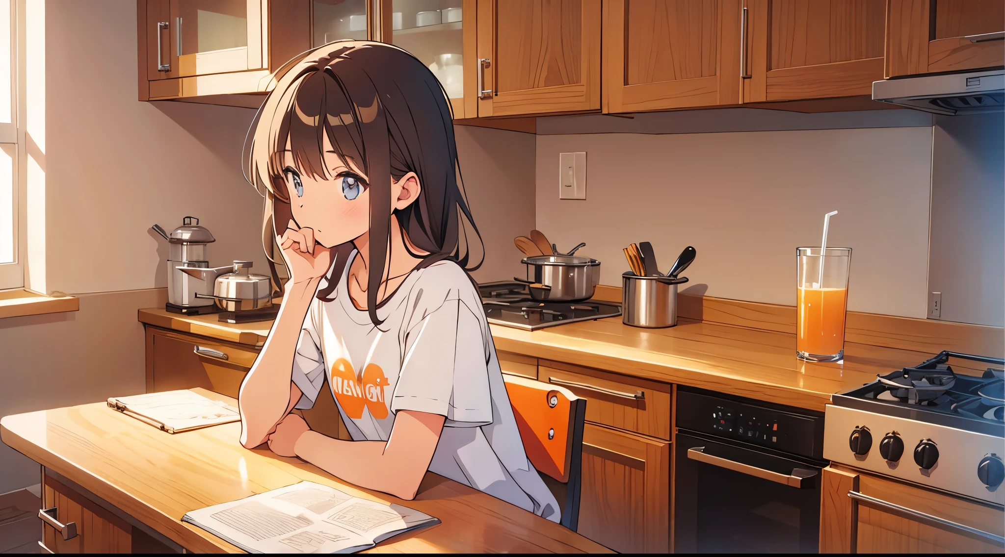 best quality, manga, teenage girl, standing, jogger, small t-shirt, in the kitchen, talking on cell phone, orange juice on kitchen counter